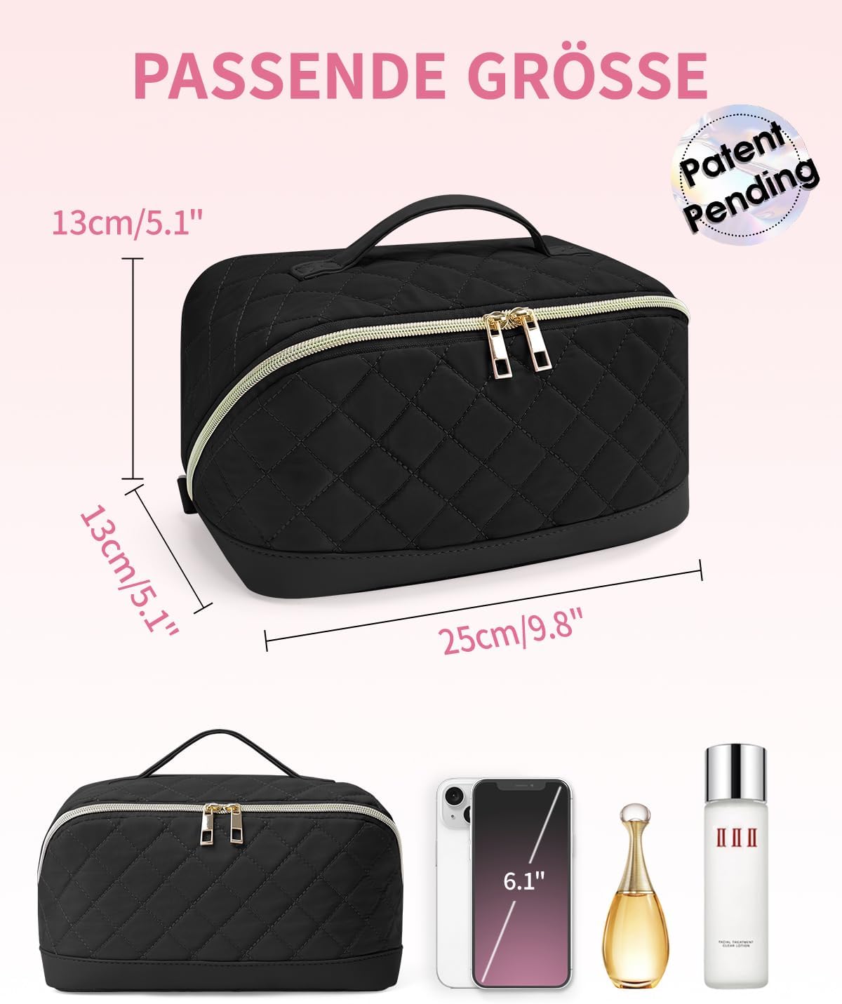 Detalle de Wandering Nature Kosmetiktasche Damen Reise Make Up Tasche mit Bürstenfach – Großes Fassungsvermögen, wasserdicht, Trenneinlage, Griff, Schwarz