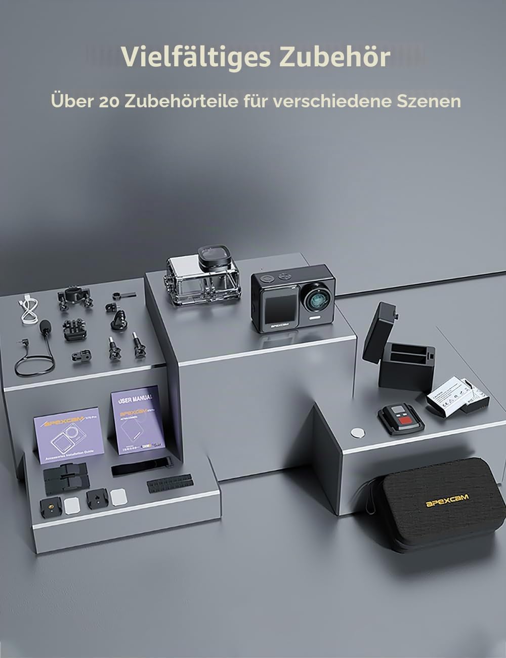 Thumbnail 6 de Apexcam 4K 30FPS Action Cam Dualscreen mit 40 m Unterwasser, EIS, WiFi Fernbedienung und 2×1350 mAh Akku – Komplettset