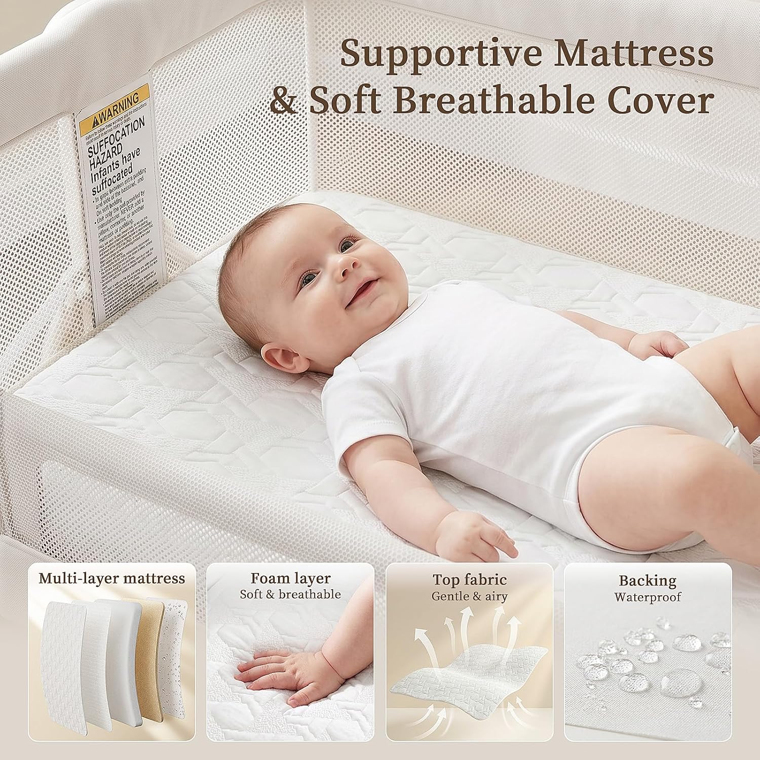 Detalle 1 de BabyBond Bedside Crib with 6 Heights, Full Mesh, Mattress and Sheet