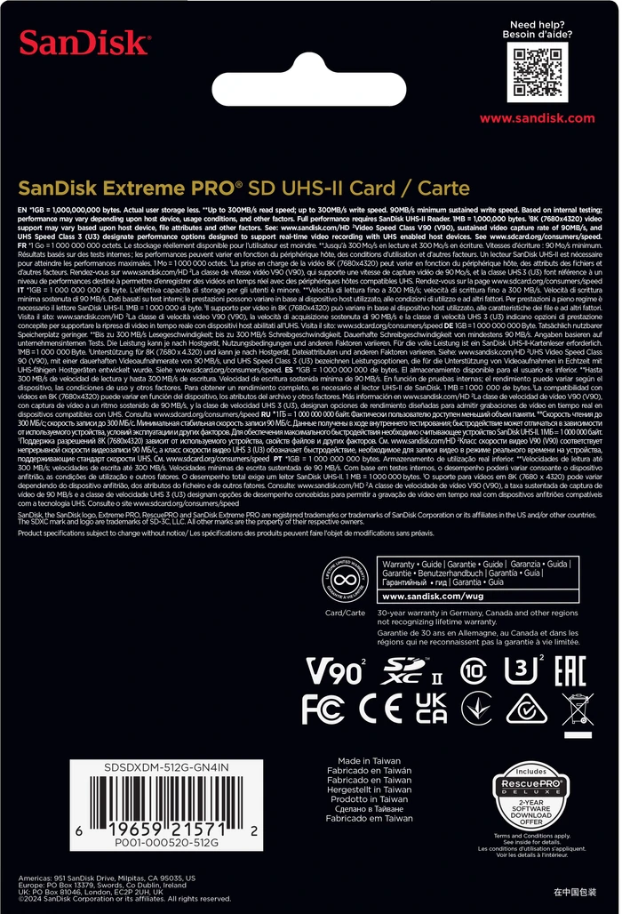 Detalle de Sandisk SDXC Extreme PRO 512 GB 300 MB/s
