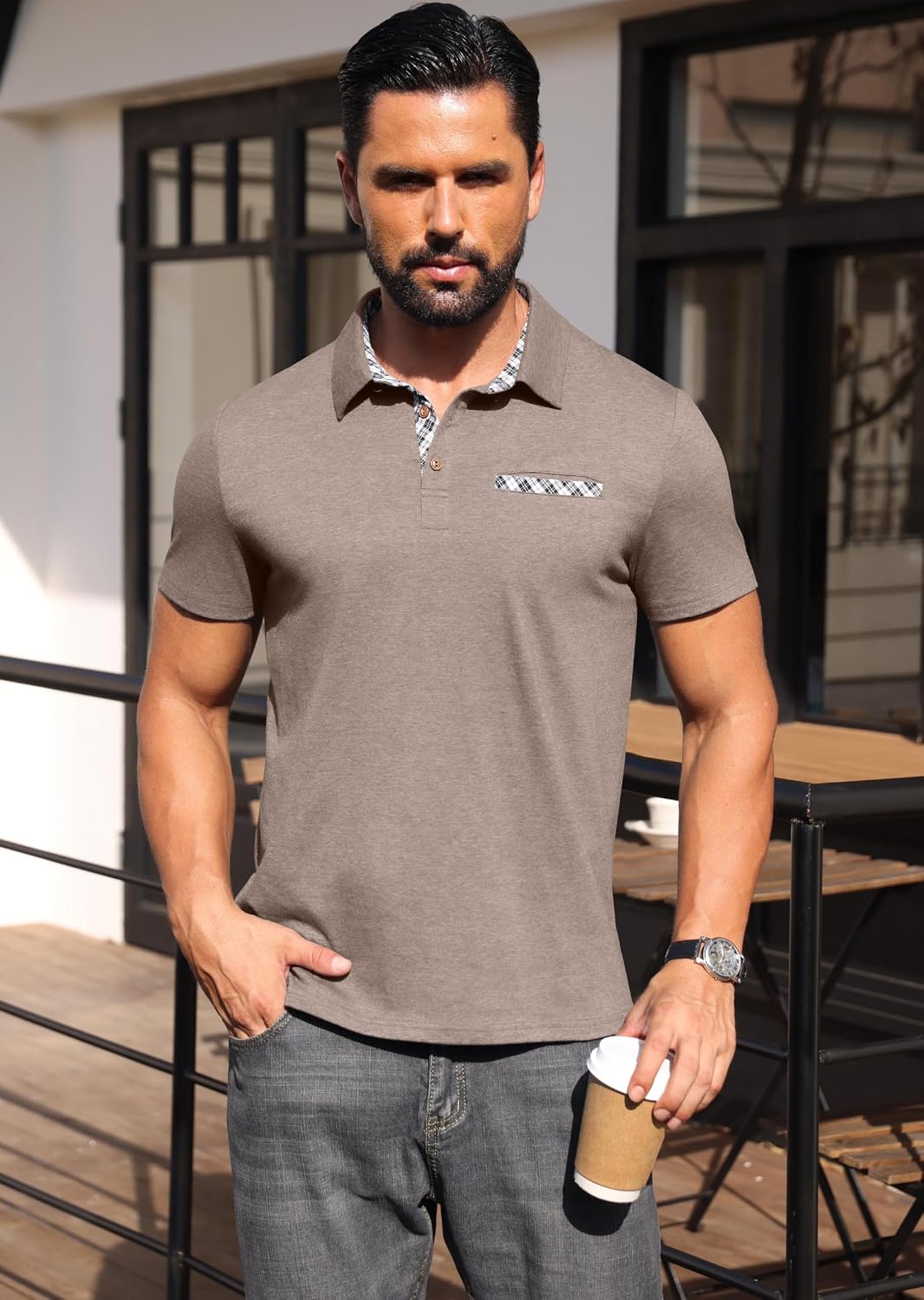 Detalle 2 de Hisir Mens Polo Shirt Cotton Short Sleeve with Pocket – Modern Smart-Casual Polo