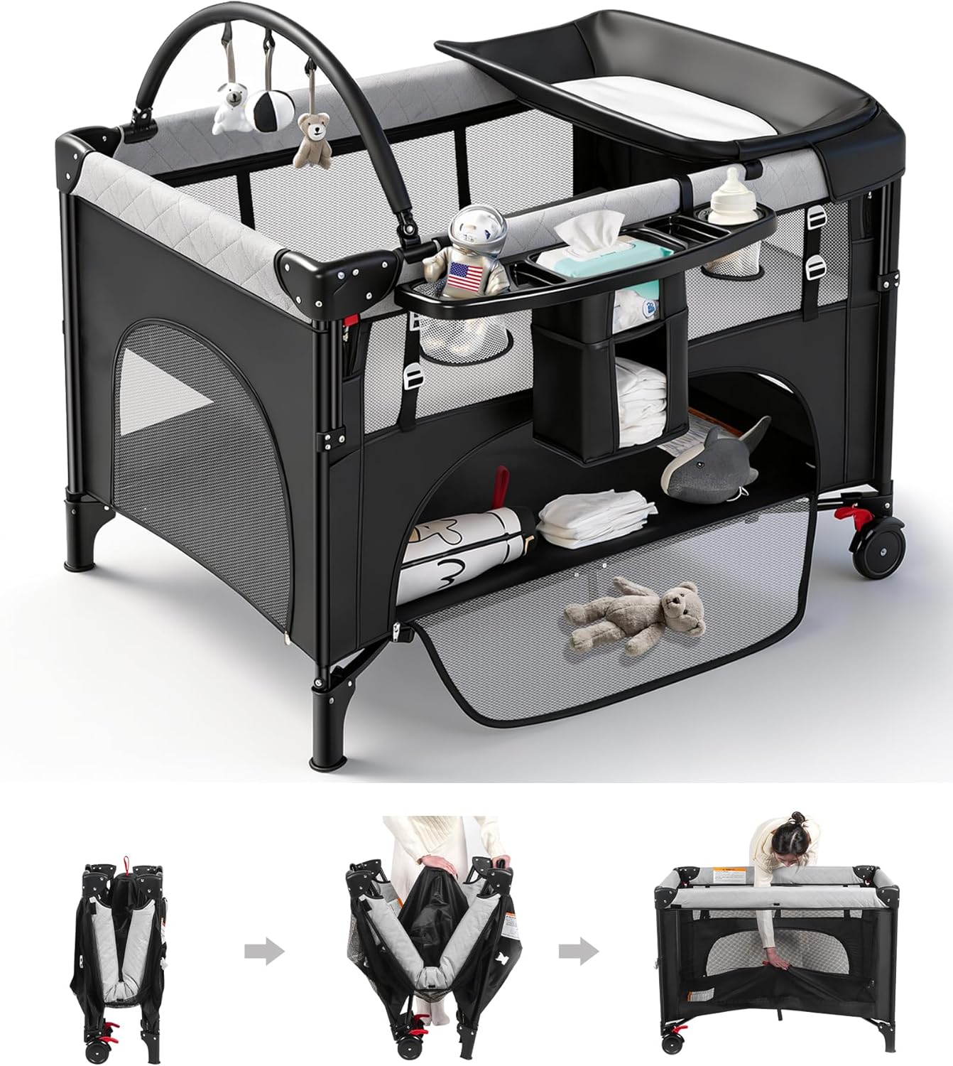 Thumbnail 5 de YoYiCuna 4-in-1 Pack and Play, Black, with Mattress and Mosquito Net