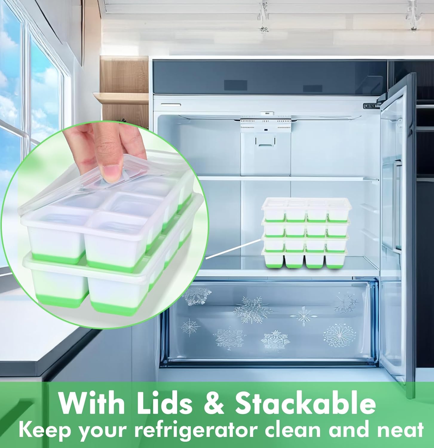 Thumbnail 3 de JRISBO Large Ice Cube Moulds: 4.5cm Square Ice Trays with Lids, Set of 4