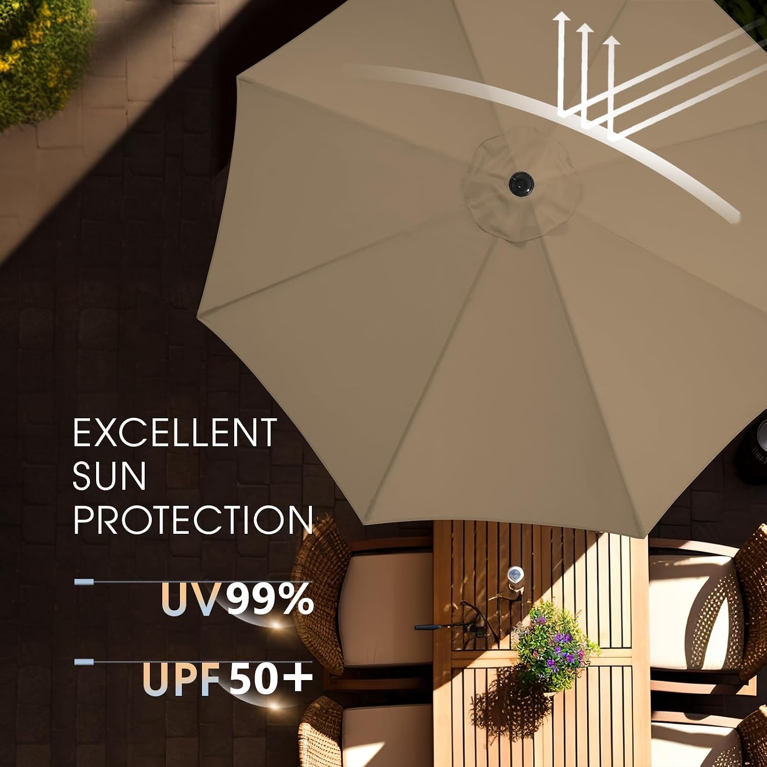 Thumbnail 3 de wikiwiki ZZS-002 9FT Patio Umbrella with Base, 8 Ribs, Tan Canopy