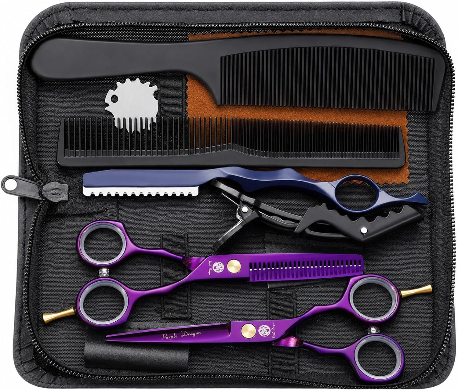 Detalle de Purple Dragon 1 kappersschaarset met knip- en uitdunschaar