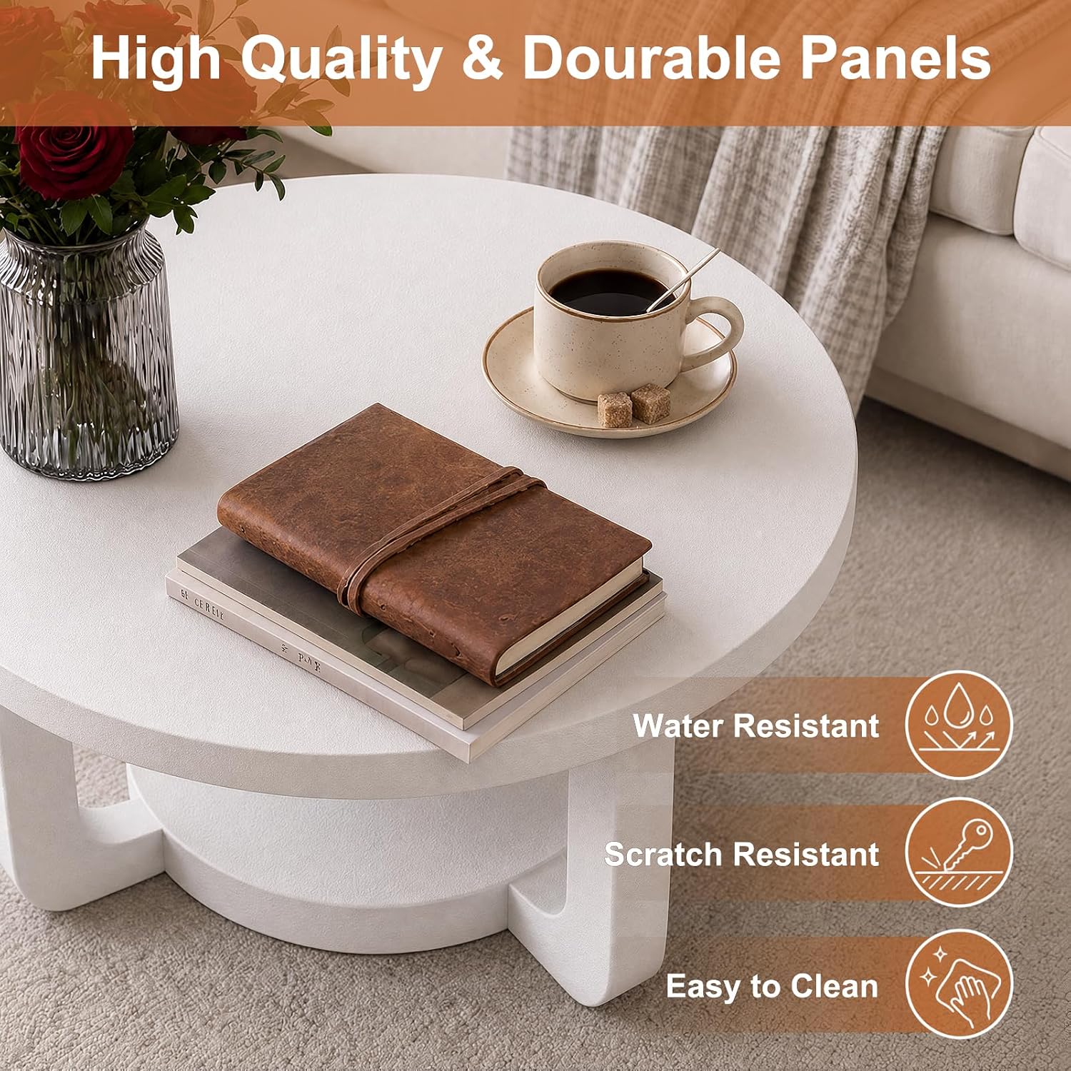 Detalle de BEROXII Round Coffee Table, 2-Tier White Table with Storage