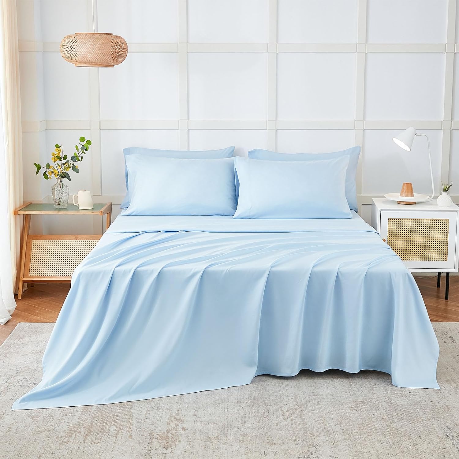 Detalle de ILAVANDE 6-Piece Queen Sheet Set, Baby Blue Microfiber, 14-Inch Deep Pocket