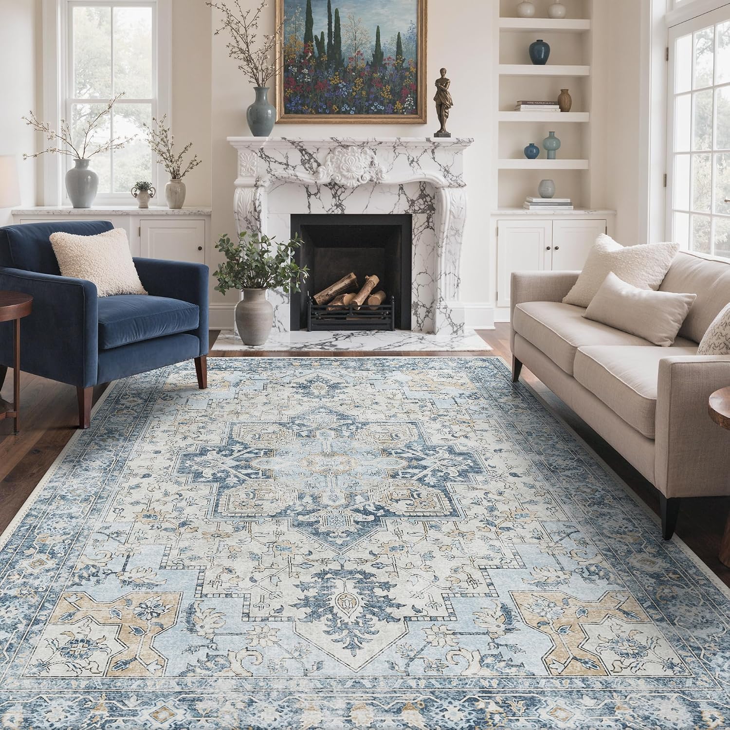 Detalle de GENIMO 6x9 Washable Area Rug—Blue Gold Vintage Floral, Non-Slip & Lightweight