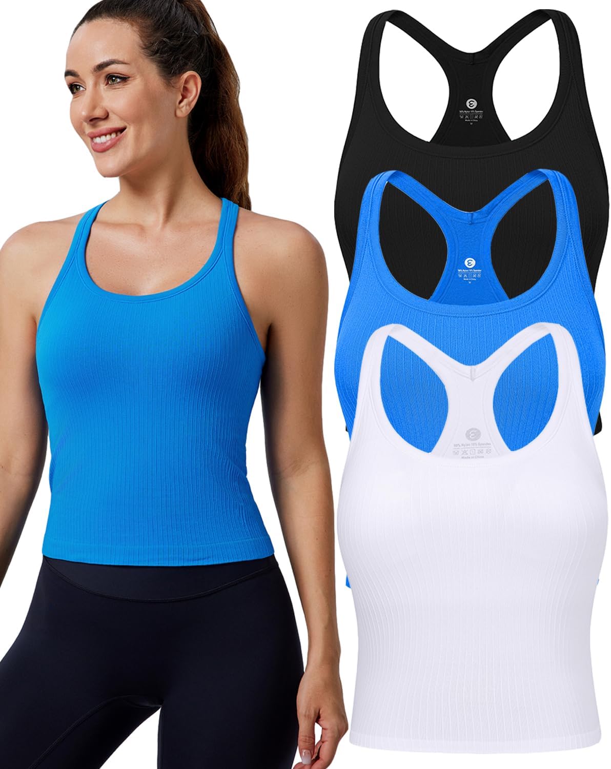 Detalle de Evercute Women's Ribbed Workout Tank Tops | Built-in Bra Racerback Crop Tanks (1/2/3 Pack)