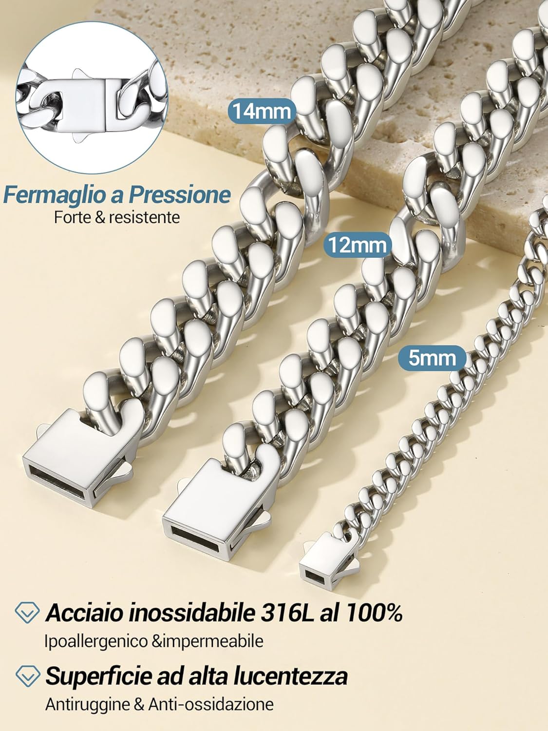 Thumbnail 4 de PROSTEEL Collana a catena cubana Miami in acciaio 316L (5/12/14 mm) impermeabile e resistente allo sbiadimento