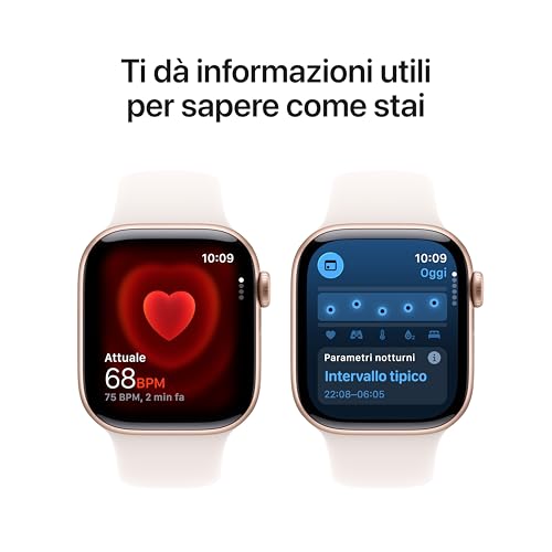 Detalle de Apple Watch Series 11 GPS, cassa 42 mm in alluminio dorato rosa con cinturino Sport rosa fard - taglia S/M