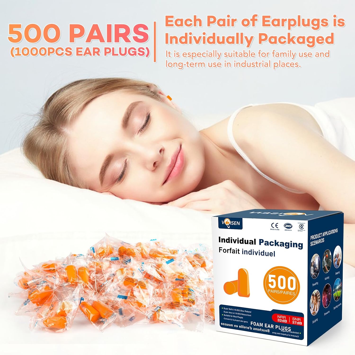 Detalle 2 de VOISEN Ear Plug, 500 Pairs: 32dB NRR, 37dB SNR Noise Blocking for Sleep, Study, Travel