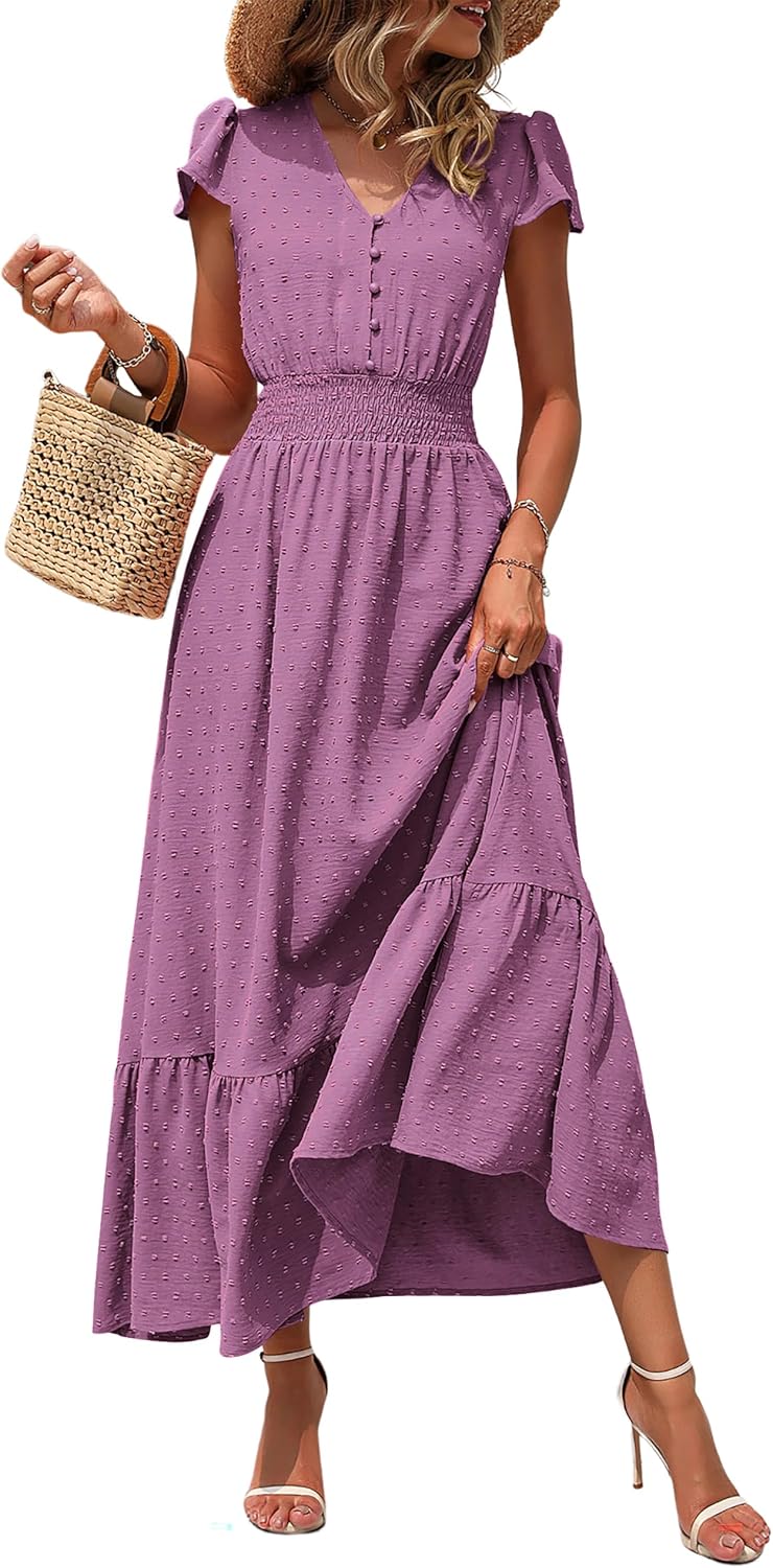 Detalle de PRETTYGARDEN Boho Swiss Dot Maxi Dress for Women (V Neck, Ruffle Hem, Smocked Waist)