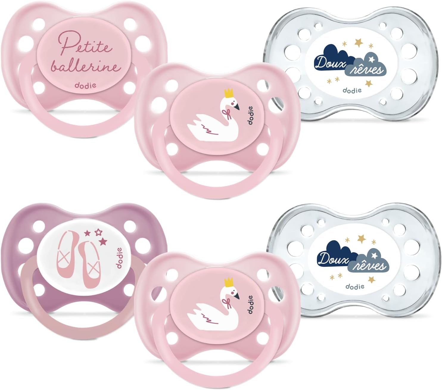Detalle de Dodie lot de 6 sucettes anatomiques ESSENTIEL jour/nuit +6 mois Rose