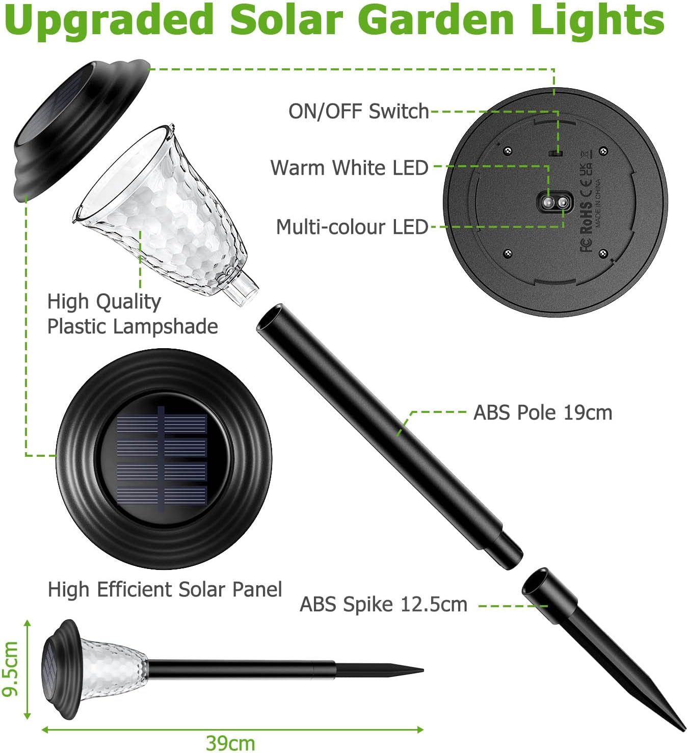 Detalle de BUCASA 8 Pièces Lampe Solaire Extérieur Jardin – Éclairage LED couleur et Blanc chaud, Étanche, sans câbles
