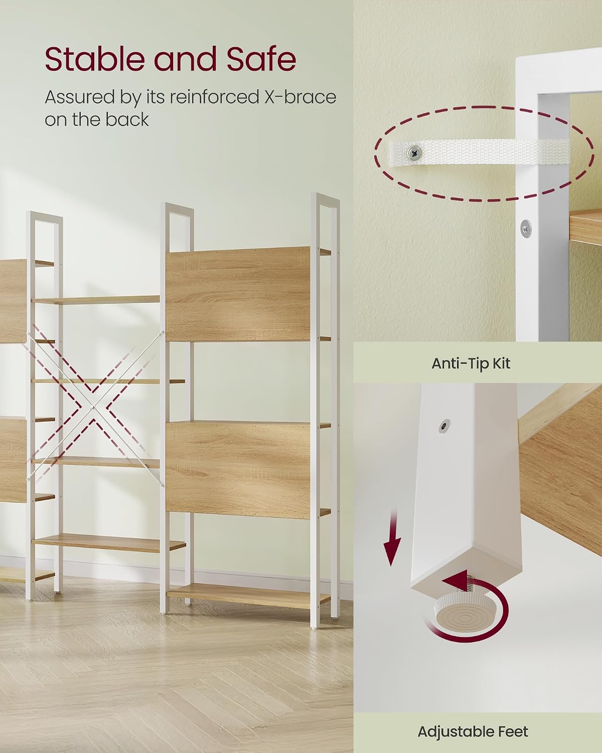 Detalle 1 de VASAGLE BARNET LLS107YA01 14-Shelf Bookcase, Steel Frame, Golden Oak and White