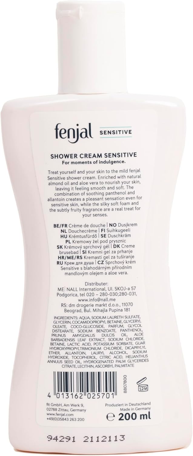 Detalle 2 de Fenjal Sensitive Body Shower Crème – Velvety Smooth Skin with Aloe Vera (Pack of 2, 200 ml each)