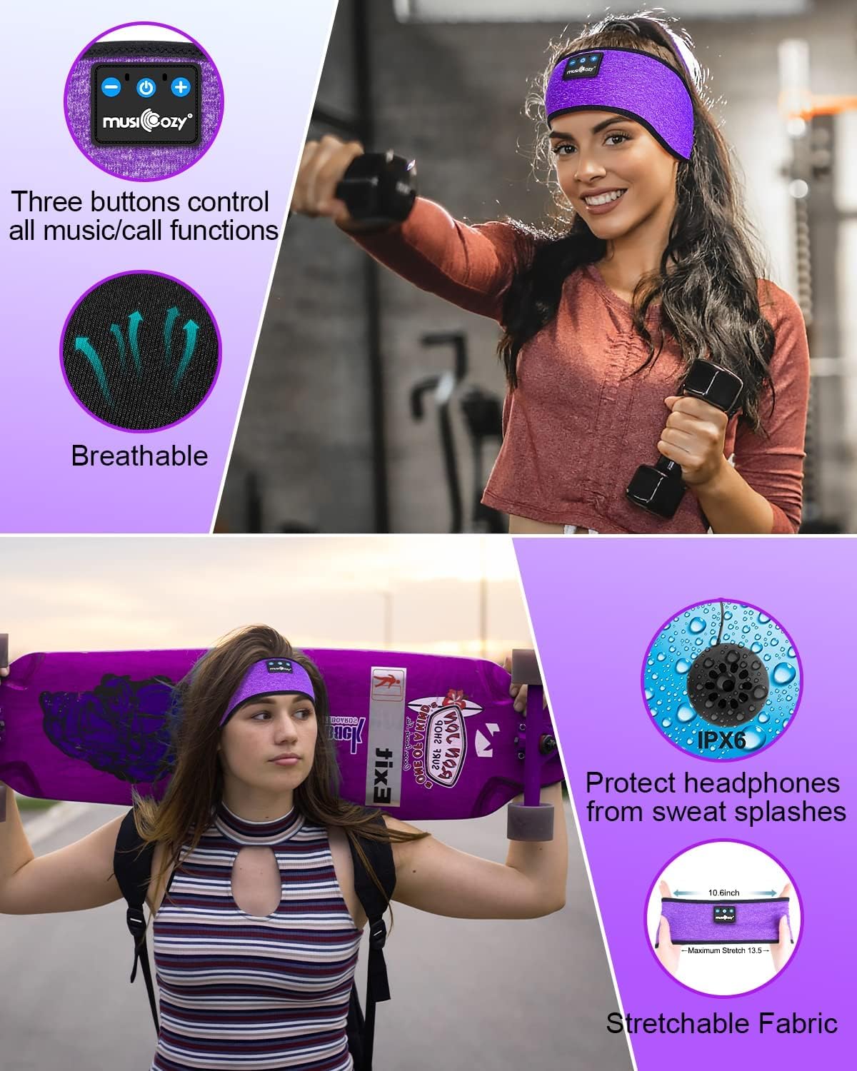 Detalle de MUSICOZY Sleep Headphones Headband – Ultra-Thin, Bluetooth 5.4, 16H Battery for Side Sleepers