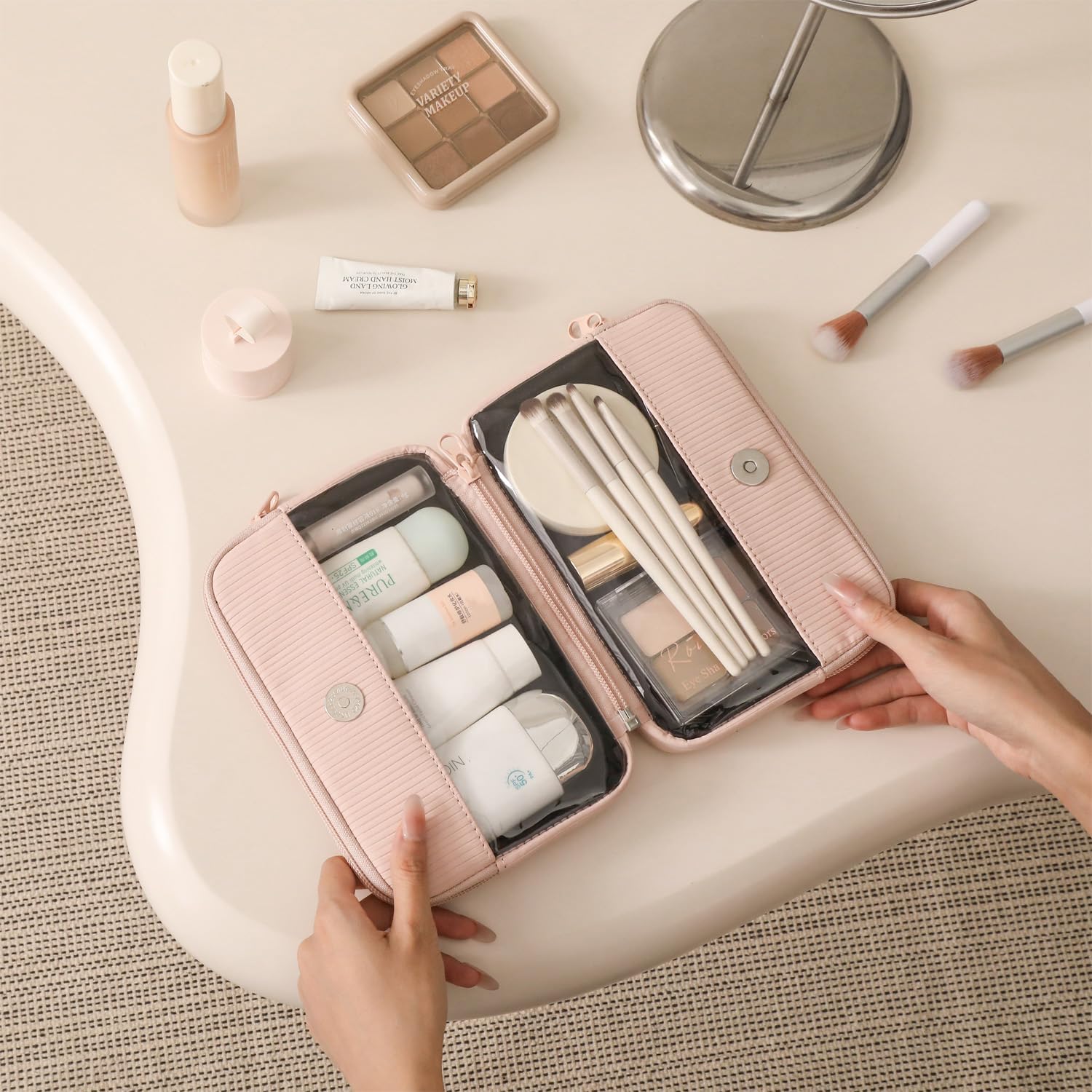 Thumbnail 5 de SEPWIK Travel Makeup Bag: Clear PVC, 180° Wide Opening, Detachable 2-in-1 Toiletry Organizer