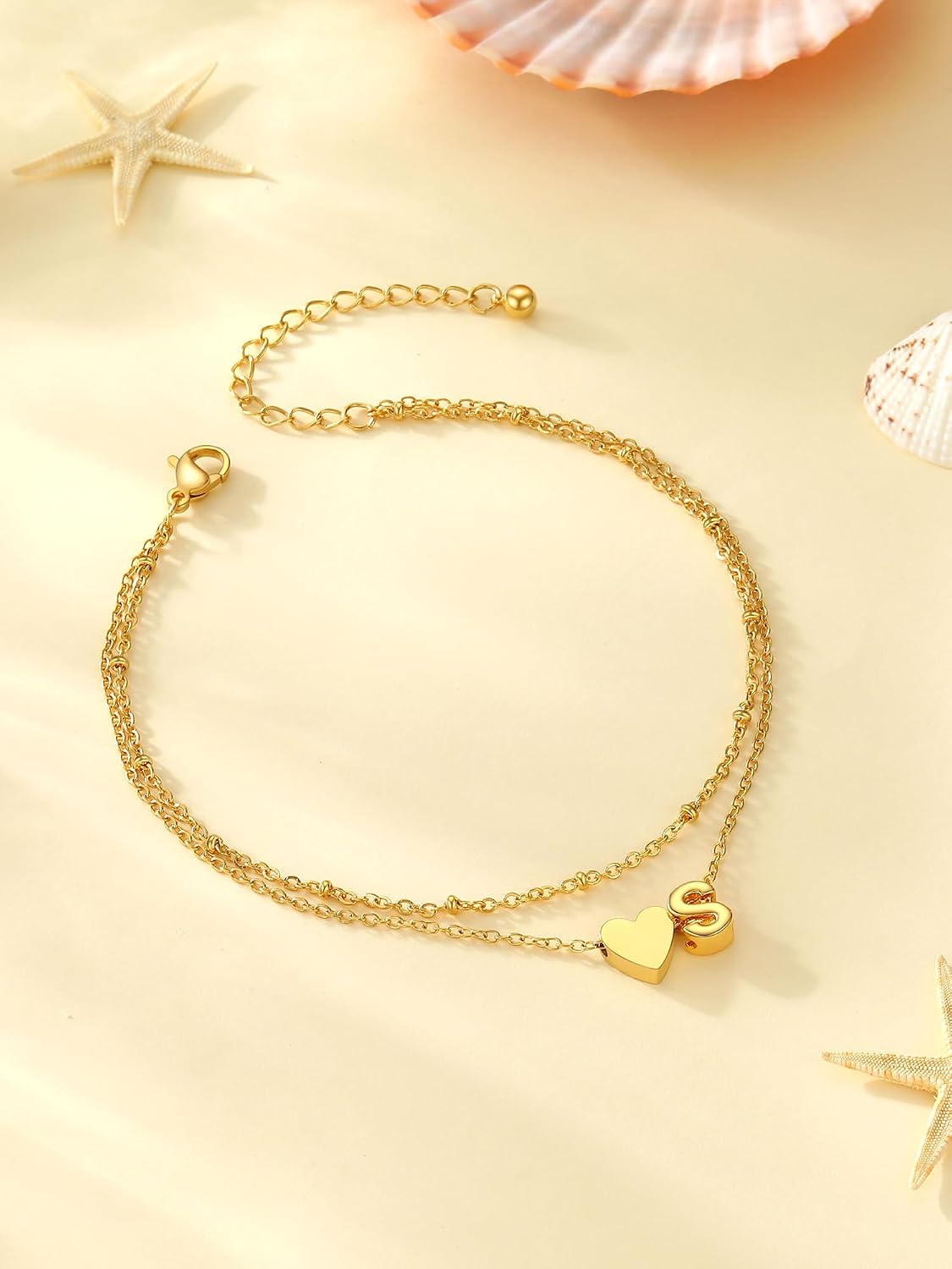 Detalle 2 de PROSTEEL bracelet de cheville plaqué or, chaîne double rang avec cœurs et lettres, ajustable 22+5 cm