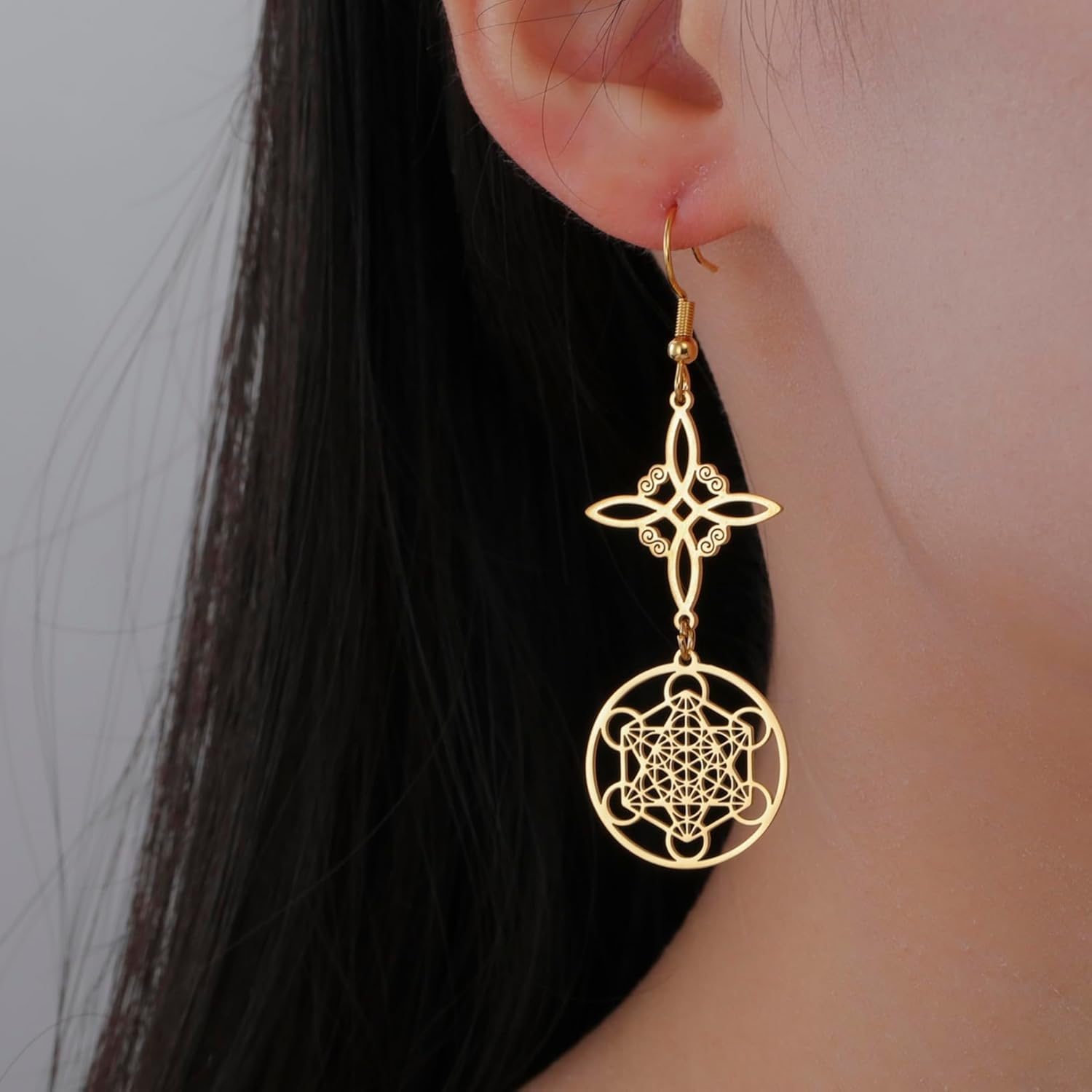 Thumbnail 1 de Metatron-Würfel Hexen-Knoten-Ohrringe – Keltische Dreifaltigkeit, Heilige Geometrie und Schutzzauber