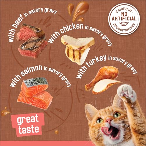 Detalle de Purina Friskies Extra Gravy Wet Cat Food Chunky Variety Pack (Chicken, Turkey, Salmon, Beef) — 24x5.5 oz Cans