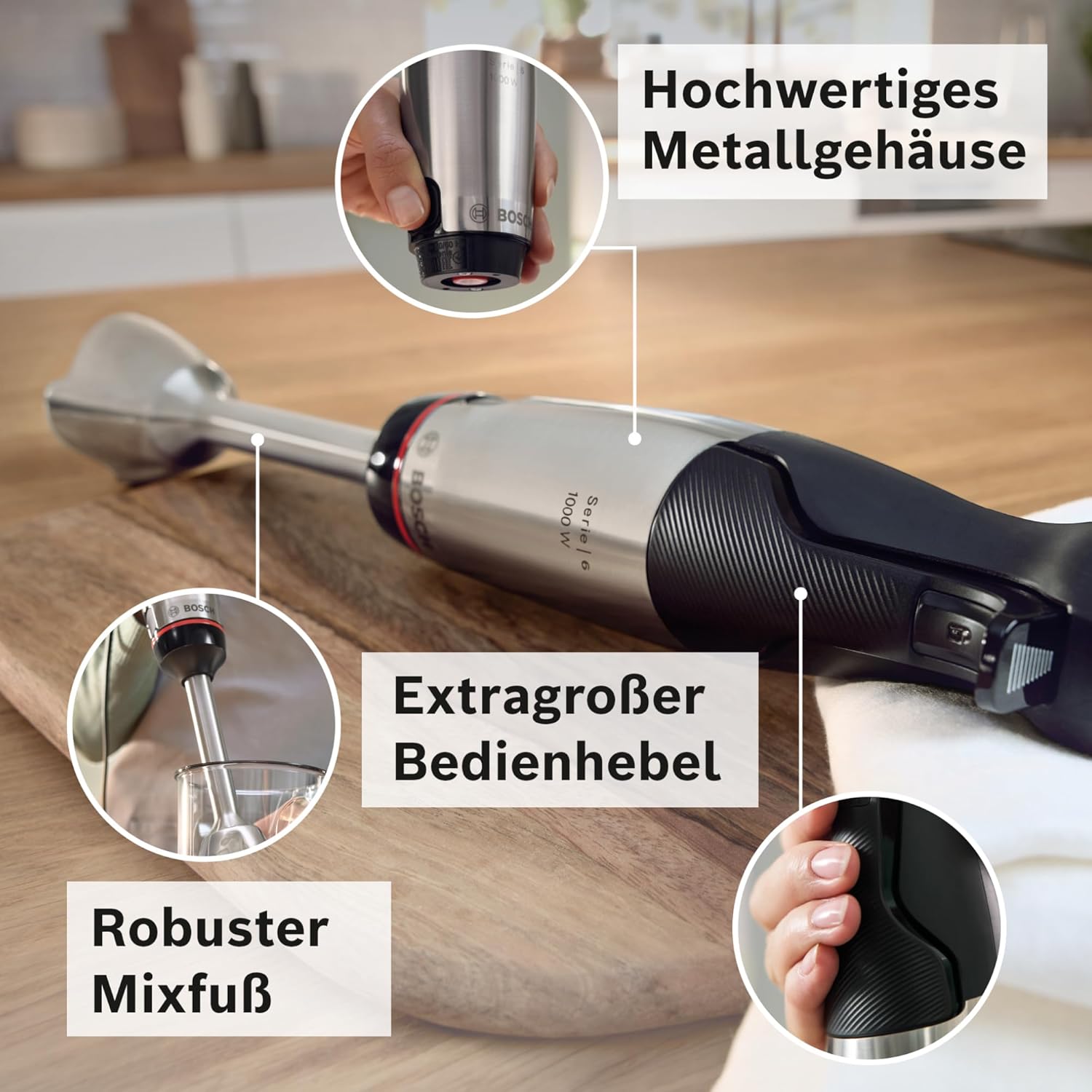 Detalle 2 de Bosch Stabmixer ErgoMaster Serie 6 MSM6M673 (1.000 W) – einhändig, 4 Edelstahl-Klingen, Keramik-Kupplung