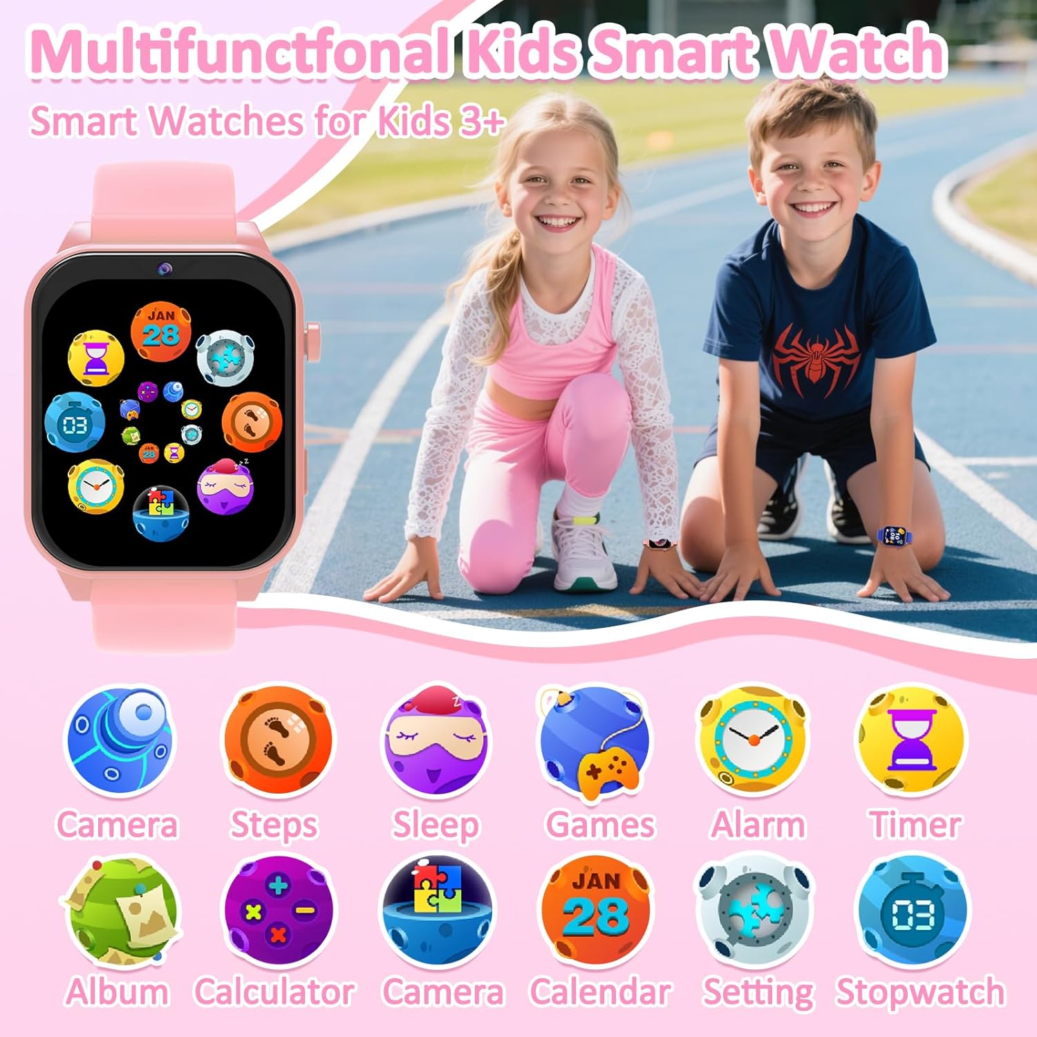 Thumbnail 2 de kaacly Kids Smart Watch for Girls & Boys (Pink) with DIY Face, Steps, Sleep Monitoring and Games