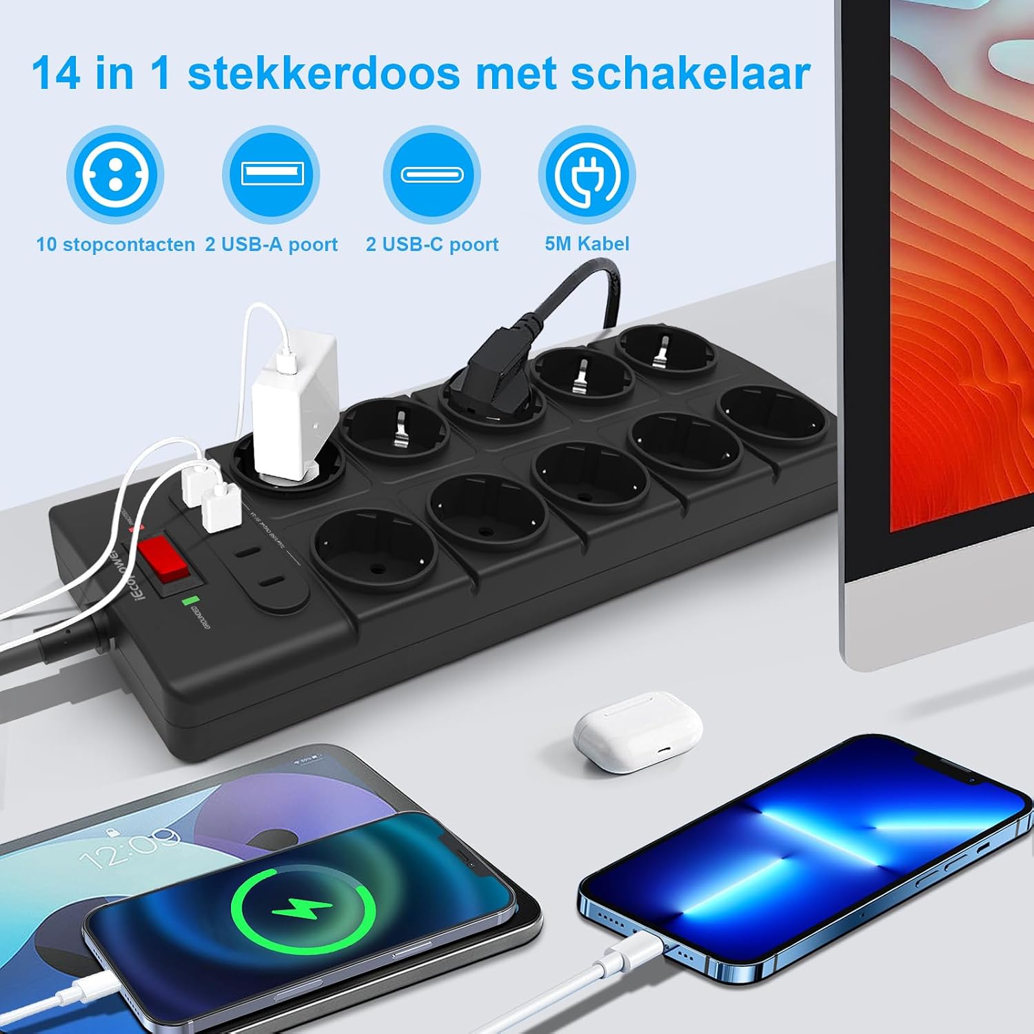 Detalle 2 de IECOPOWER PT1020-5M stekkerdoos met 10 stopcontacten, USB-C PD 20 W en 5 m kabel