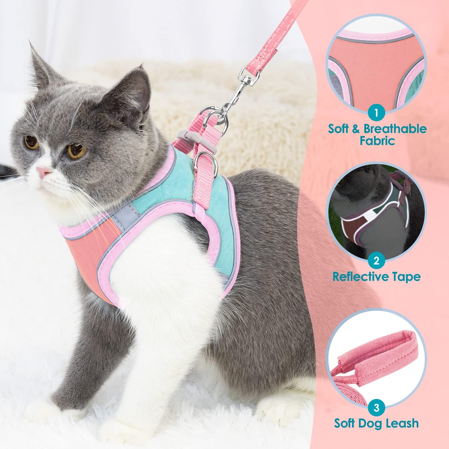 Thumbnail 3 de Eyein Cat Harness and Lead Set for Walking – Adjustable Faux Suede Escape-Proof Kitten Vest Harness with Reflective Strip (L)