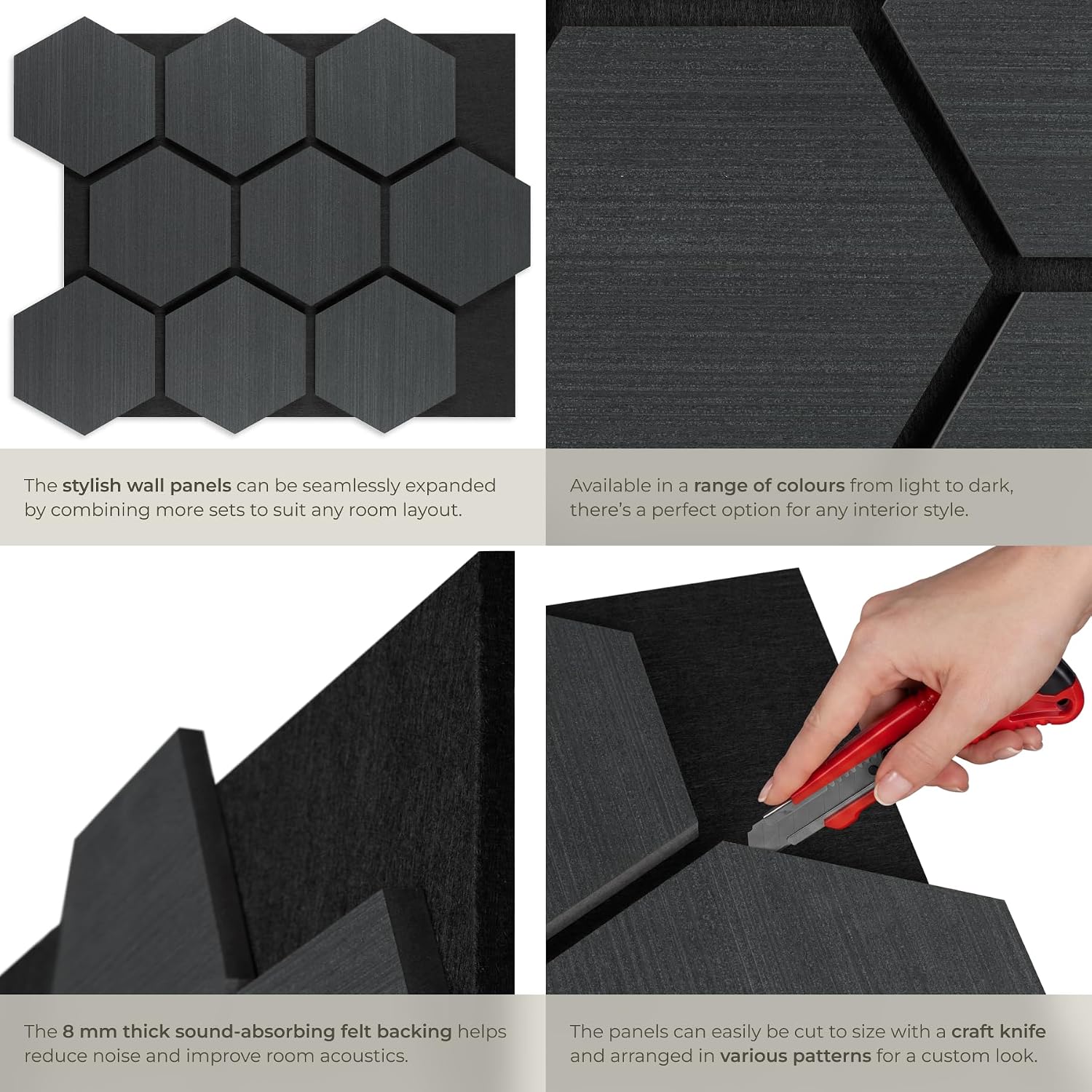 Detalle 2 de tectake Sonic Shield akustikpaneler, 76 × 62 cm, svart ekfanér, kapbara