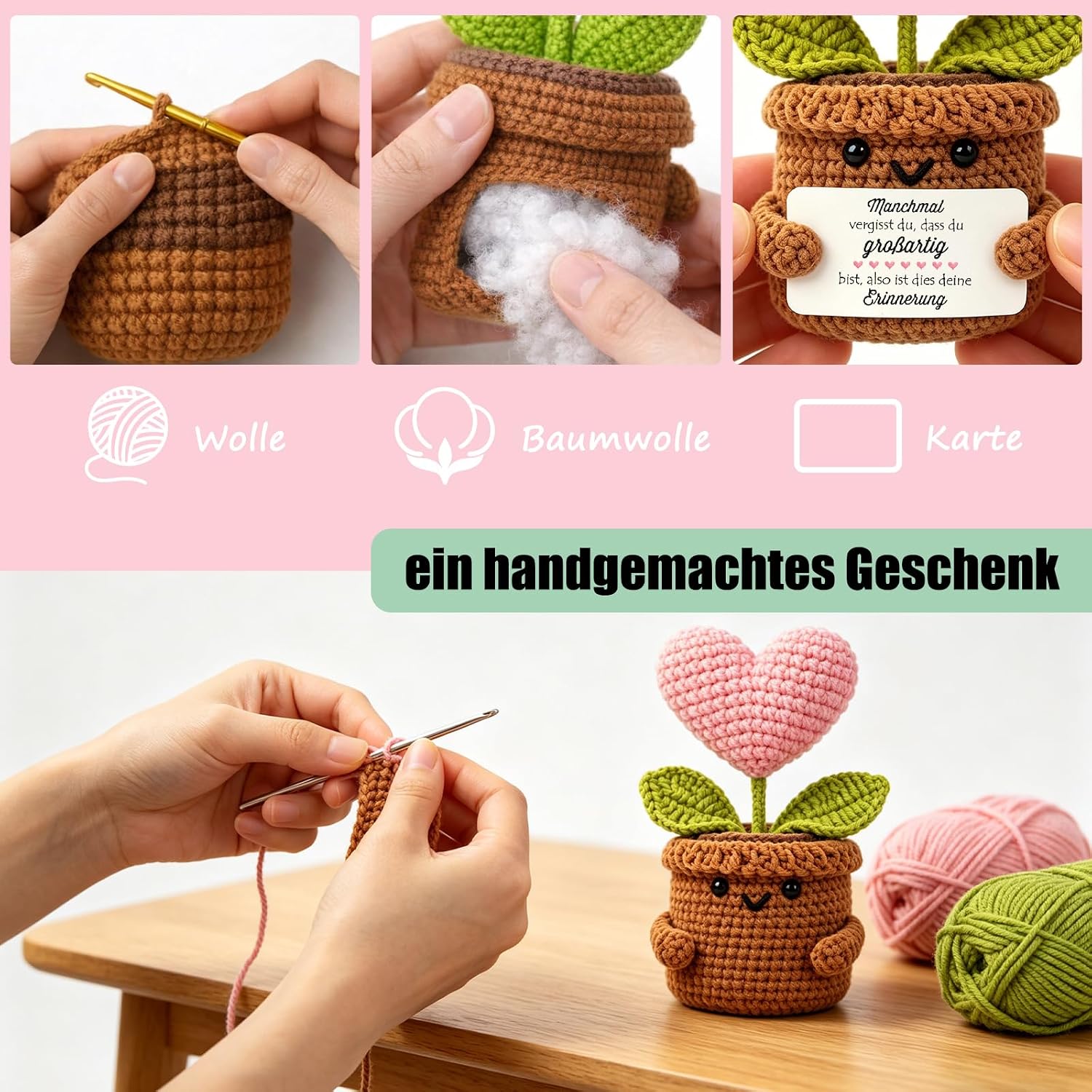 Thumbnail 2 de Tixlux Pocket Hug Positive Herzpflanzen-Figur – handgenähte Strickwolle Herzpflanze mit Mini-Glücksbringer