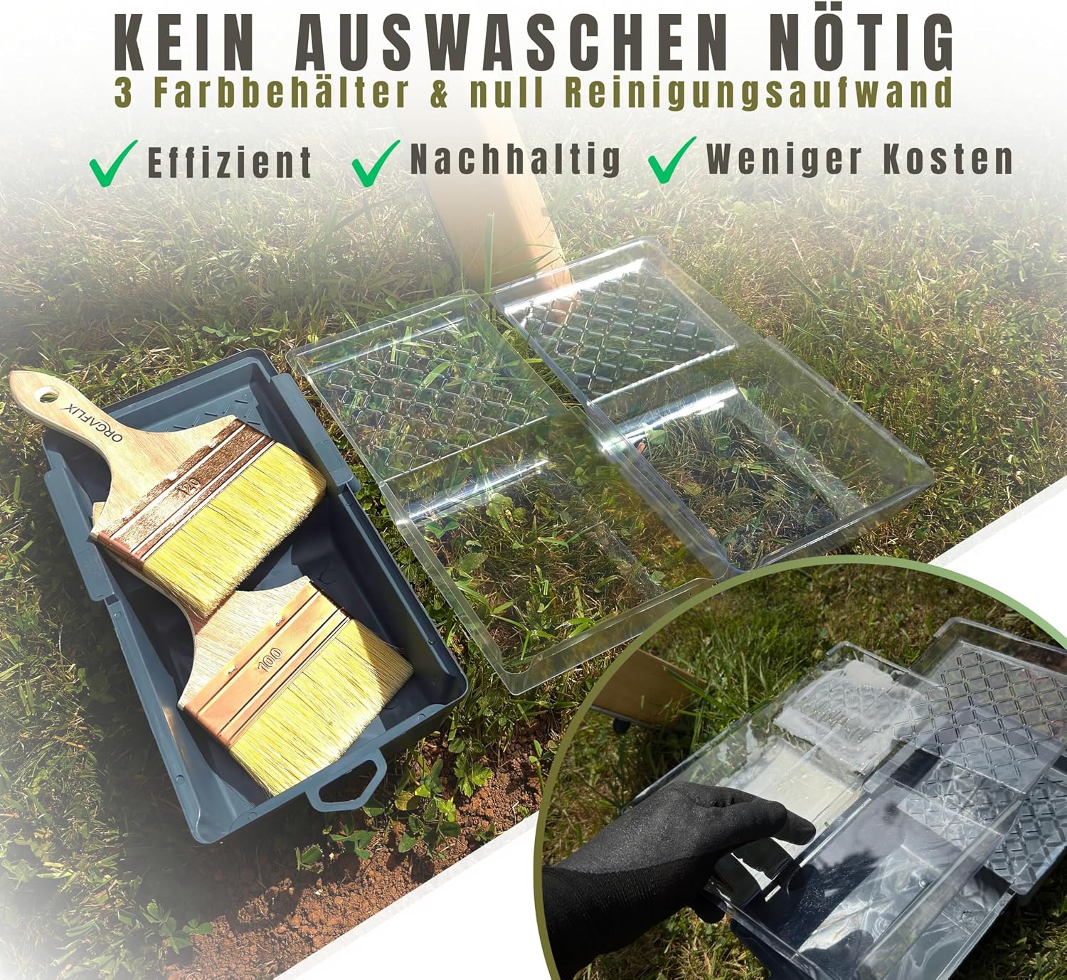 Detalle 2 de ORGAFLIX Flächenstreicher-Set 120mm + 100mm inkl. Farbwanne 15x30cm – Vielseitiger Malerb & Pinsel-Profisatz