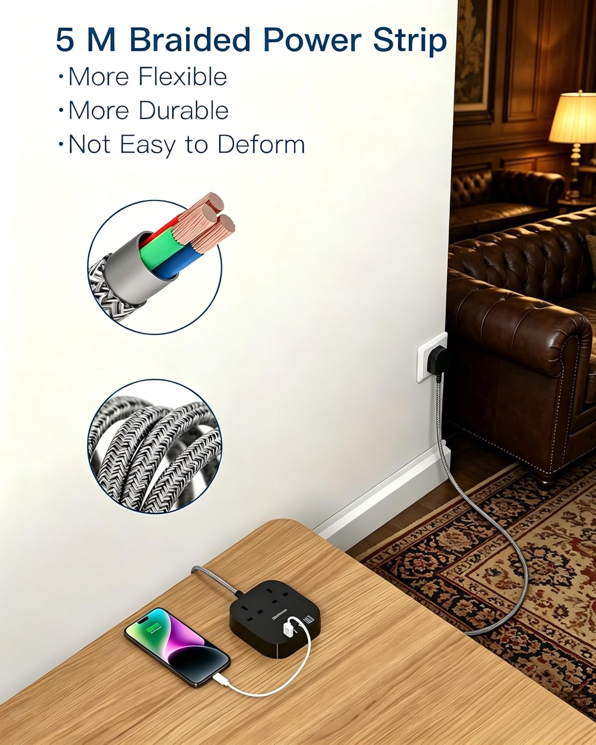 Detalle de Addtam 5M Extension Lead with USB Slots and Braided Cord – 2 UK Outlets, 4 USB Ports (2x USB-C, 2x USB-A) with Surge Protection
