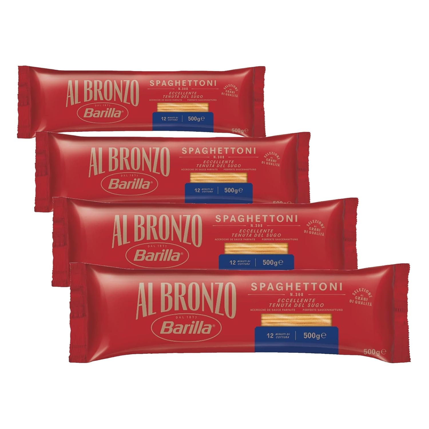Barilla Al Bronzo Spaghettoni 500 g (4er Pack) – Nudel mit rauer Oberfläche für optimale Saucenhaftung