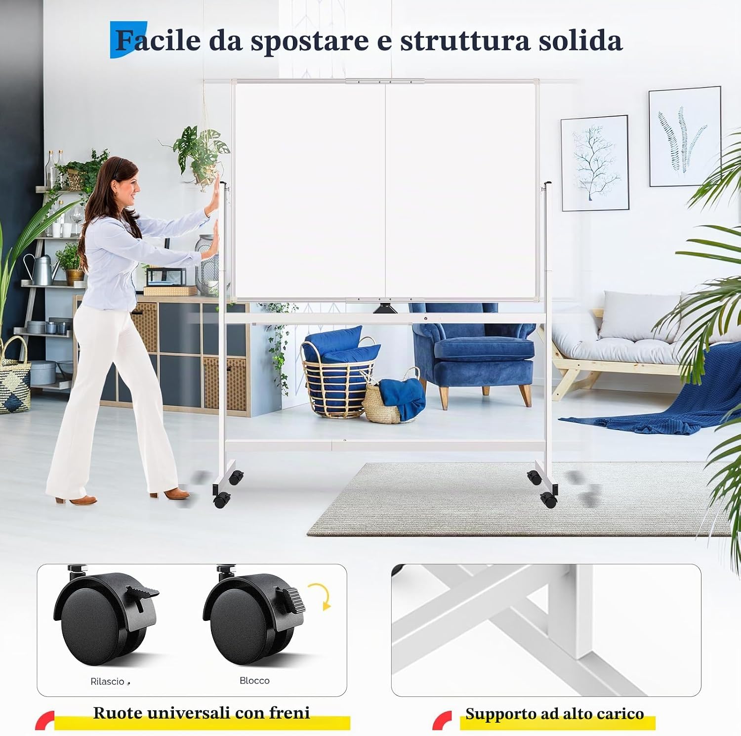Thumbnail 4 de maxtek Lavagna Bianca Mobile con Supporto 120 x 90 cm (Doppia Faccia, Ruote e Rotazione a 360°)