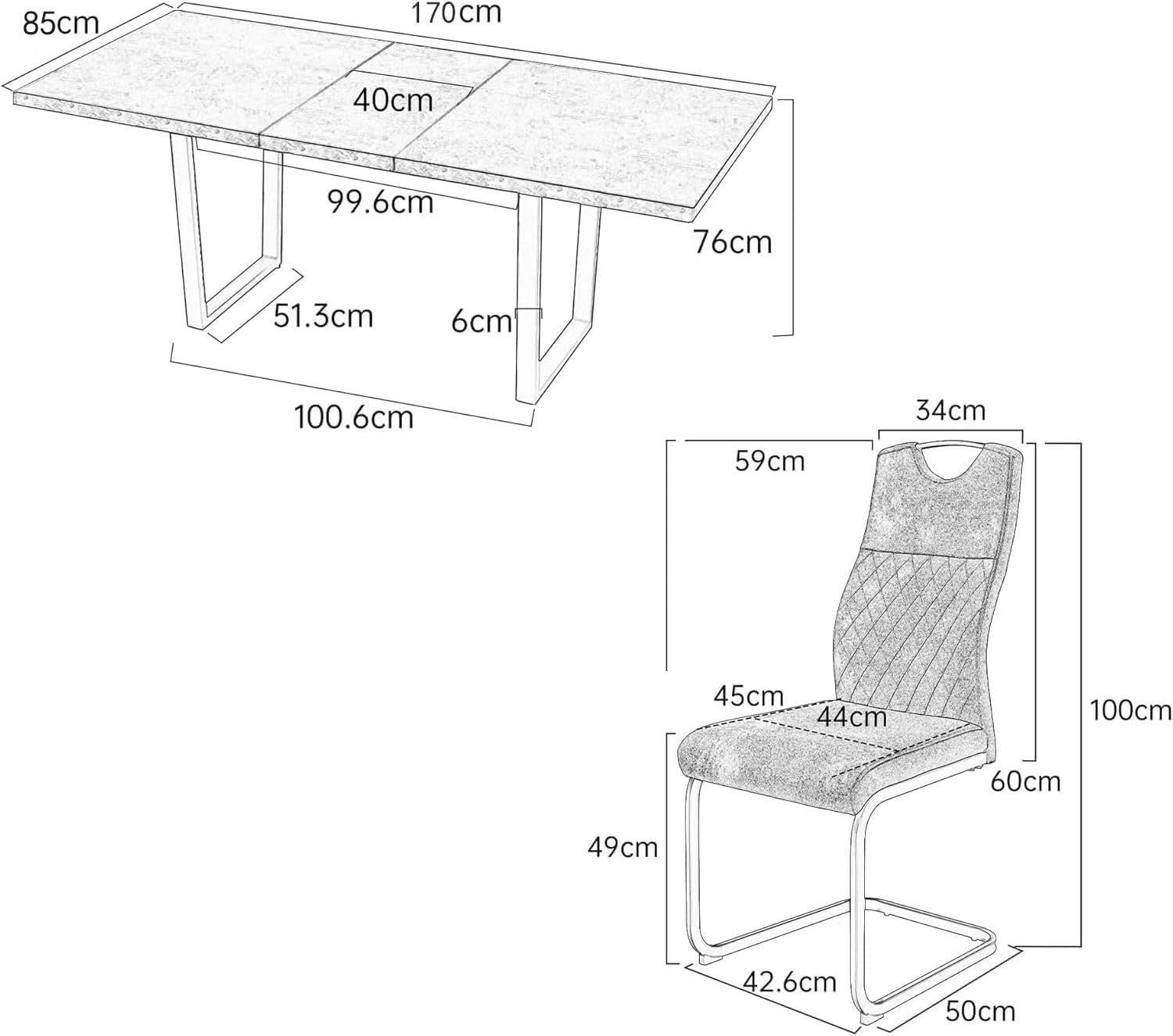 Detalle 2 de JIEXI J15 utdragbart matbord med sex grå stolar i MDF