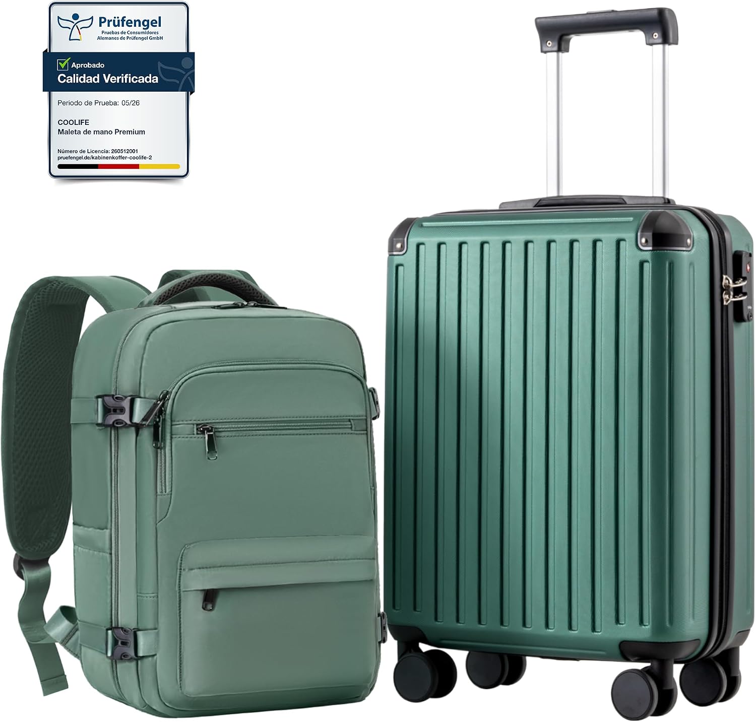 Detalle de COOLIFE set de cabina Ryanair y EasyJet (2 piezas): maleta rígida 55 x 40 x 20 cm con candado TSA y mochila de negocios