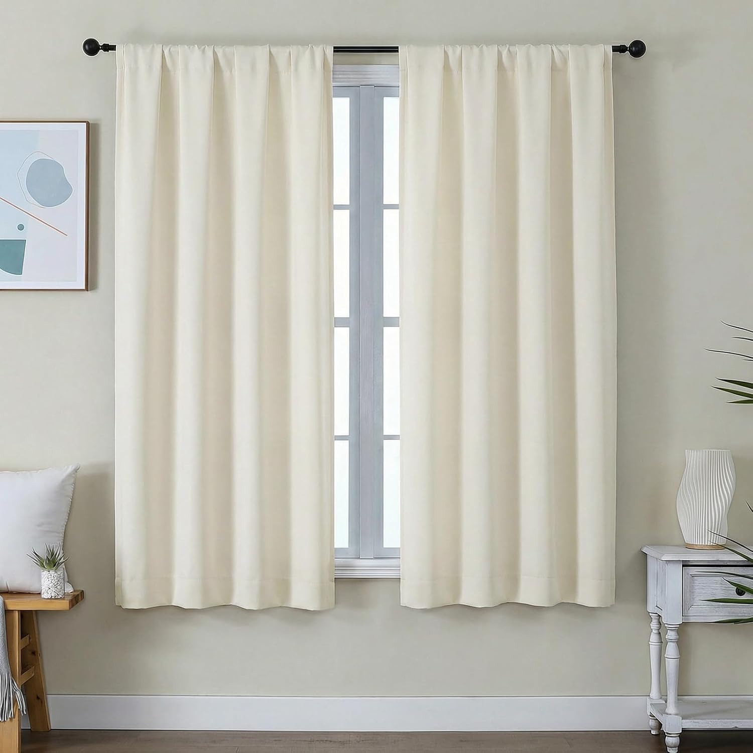 Detalle de Simplebrand Ava Ivory Light Filtering Curtains, 2-Panel Set (63 Inch Length)