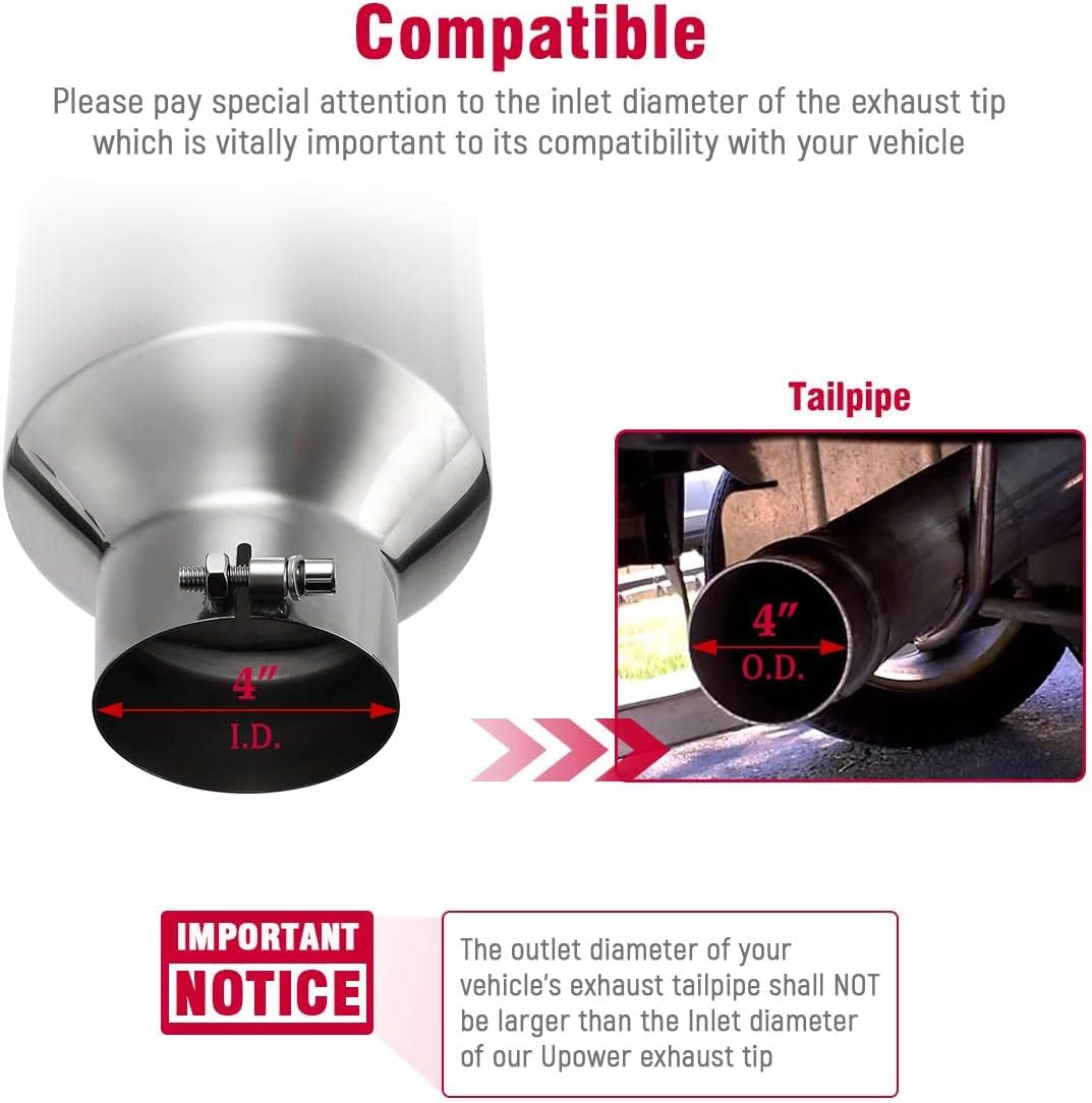Detalle de Upower 4" to 8" Exhaust Tip Mirror Polished, 18" Long, Bolt-On, 45° Angle — Universal for Trucks, Pickup, and Cars