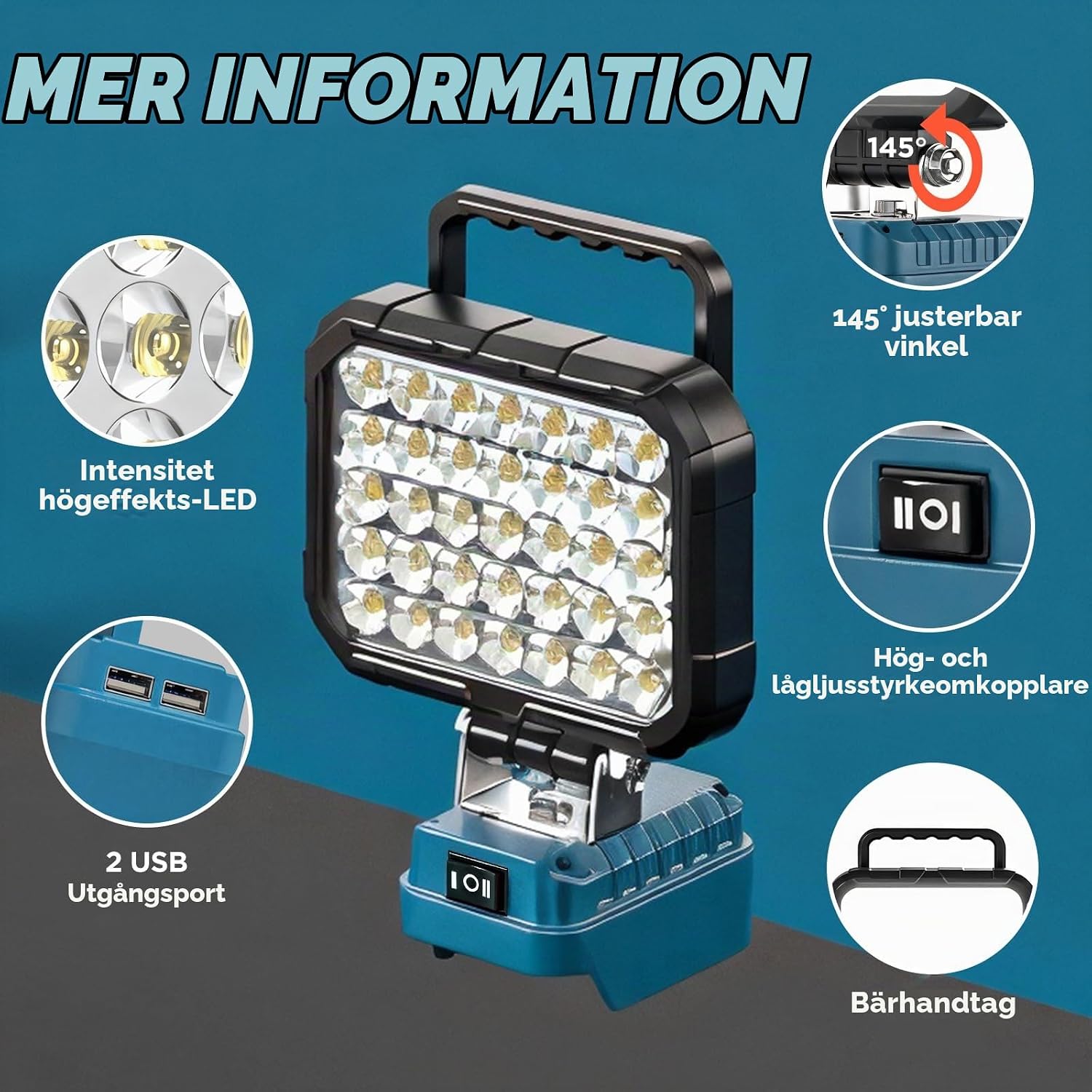 Detalle 1 de HUAKAYO LED-arbetslampa för Makita 18 V-batterier, 6500 K och 2 USB-A-portar