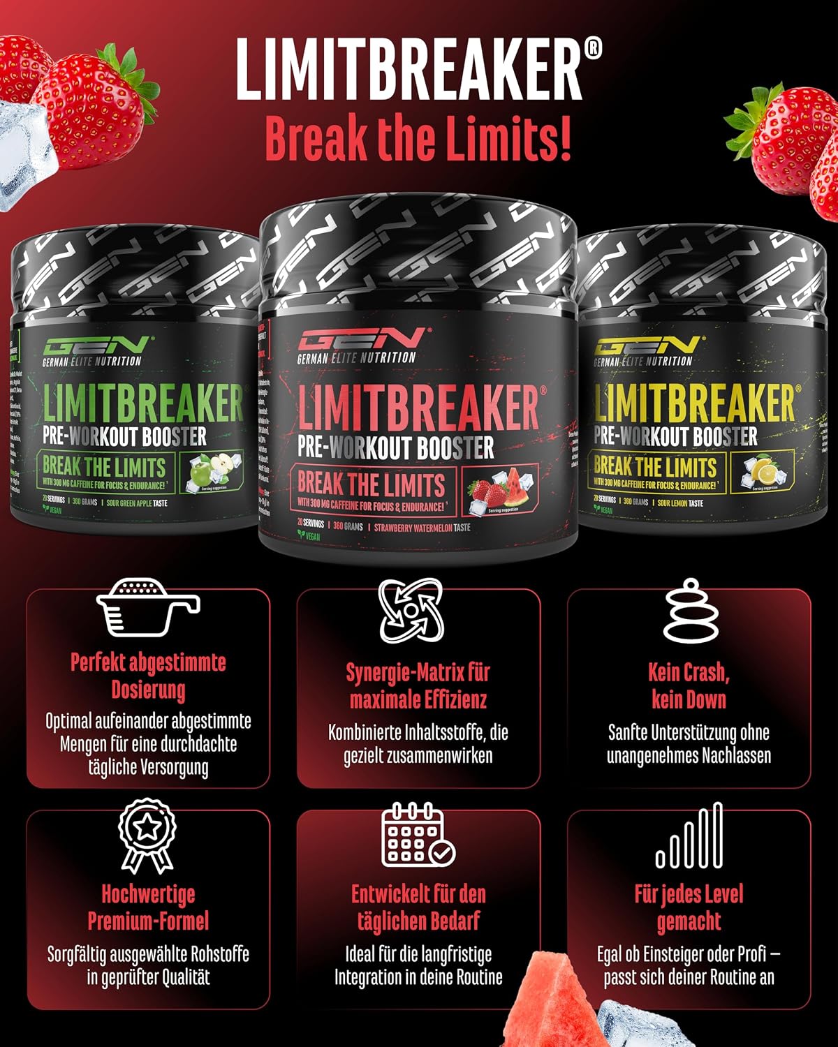 Detalle de LIMITBREAKER Pre Workout Booster mit Koffein 300 mg – Erdbeere Wassermelone, 360 g