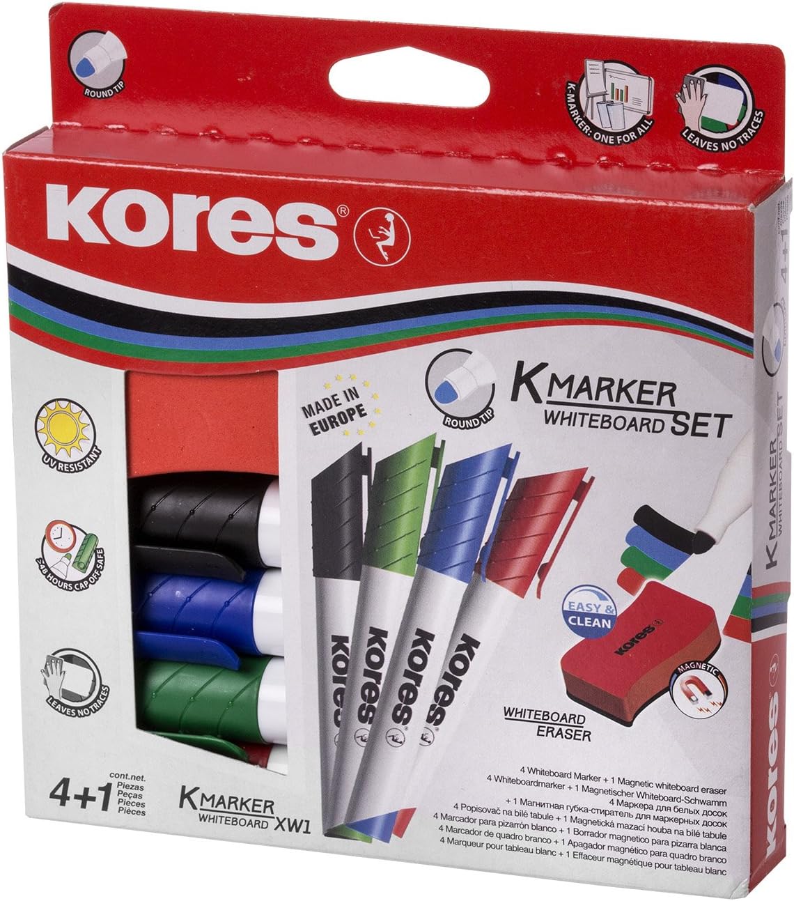 Kores K-Marker XW1 – Set di pennarelli a punta rotonda per lavagna bianca con inchiostro pulibile a secco, 4 colori + 1 cancellino magnetico