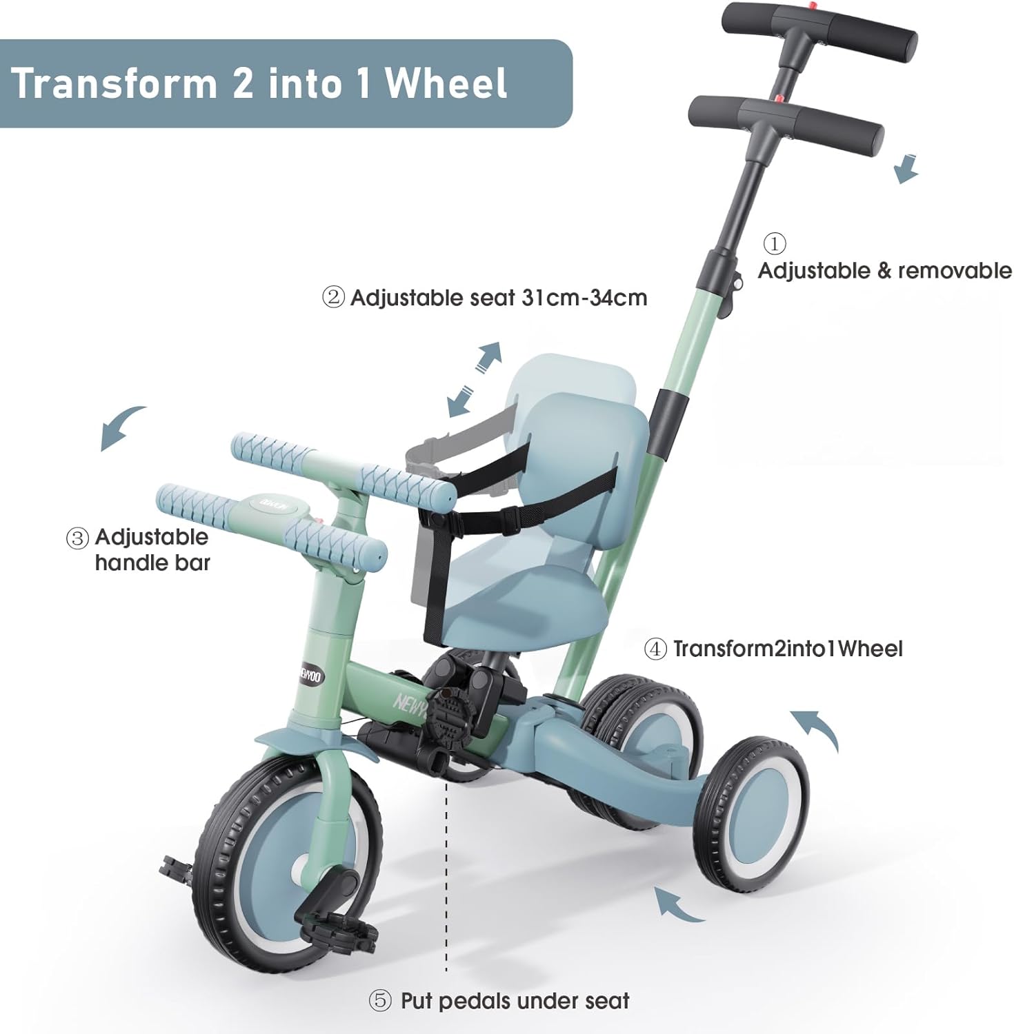 Thumbnail 2 de newyoo 5-in-1 Toddler Tricycle with Push Handle (TR007) for 1-3 Years