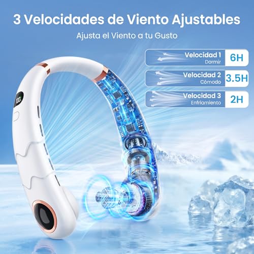 Detalle de SHINER Ventilador de Cuello Portátil: Viento en 360° con Pantalla LCD y Batería 2400 mAh