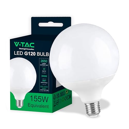 Detalle de V-TAC Bombilla LED Globo E27-22W (Equivalente a 155W) G120-2600 Lumen, 3000K – Máxima eficiencia para iluminación general