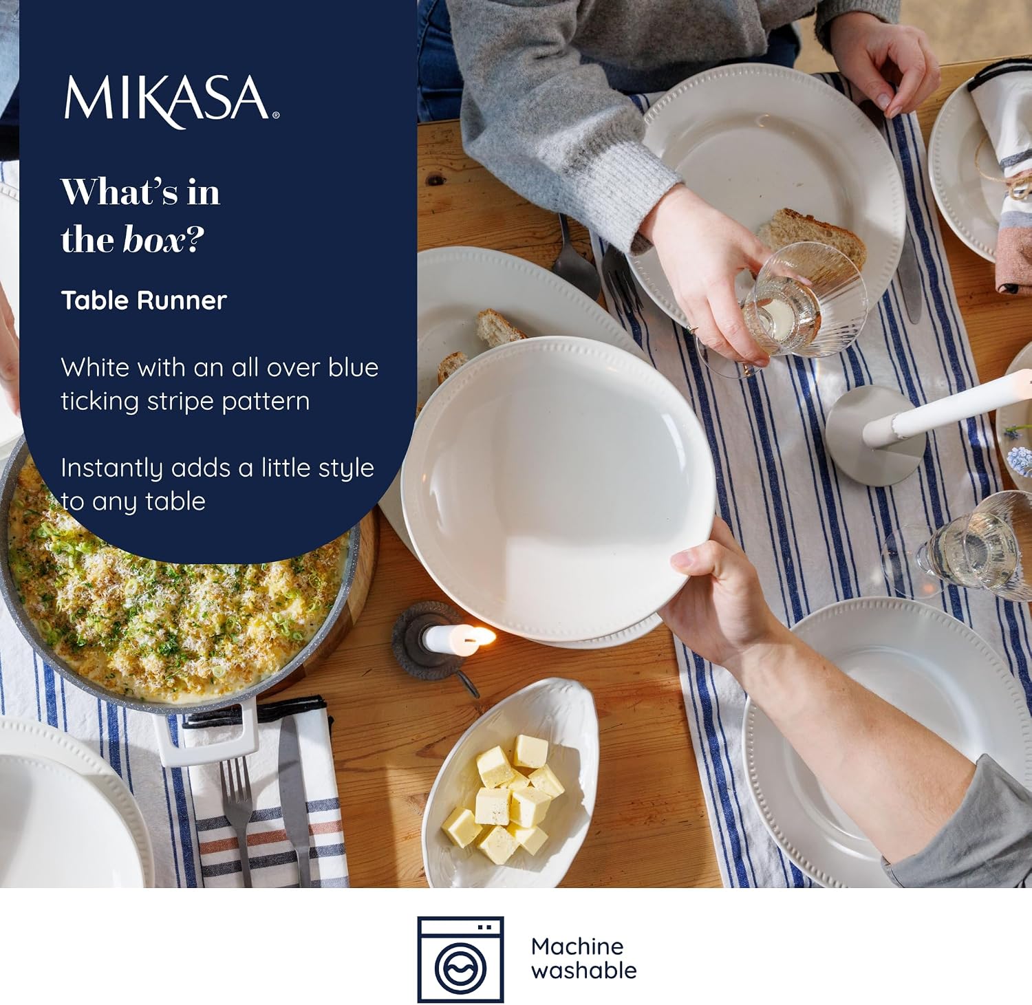 Detalle 2 de Mikasa Cotton and Linen Table Runner, 230 x 34cm, White with Navy Stripe