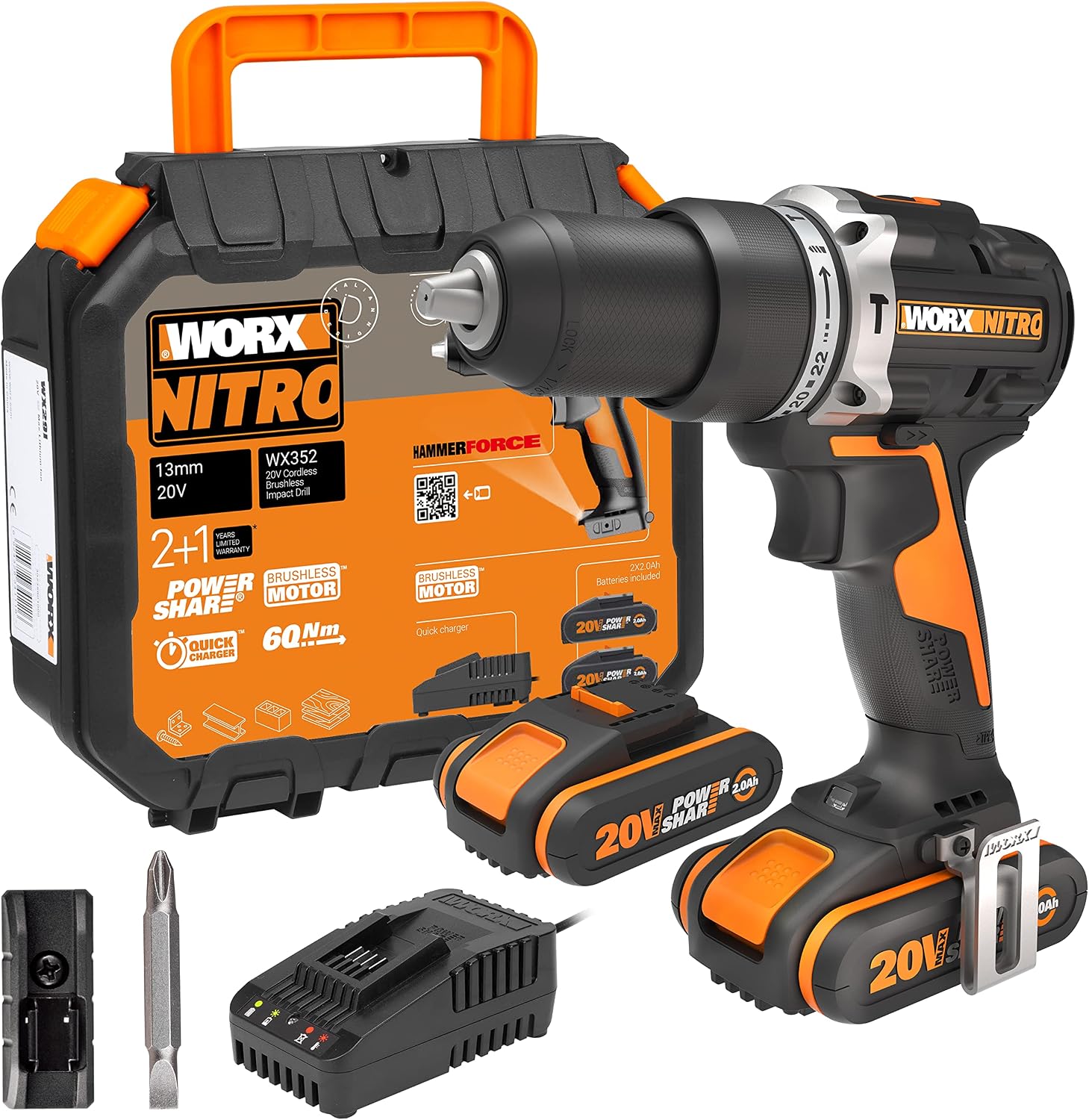 Detalle de WORX WX352 trapano avvitatore con percussione brushless 60 Nm e batterie 20V 2.0Ah (2 pezzi)
