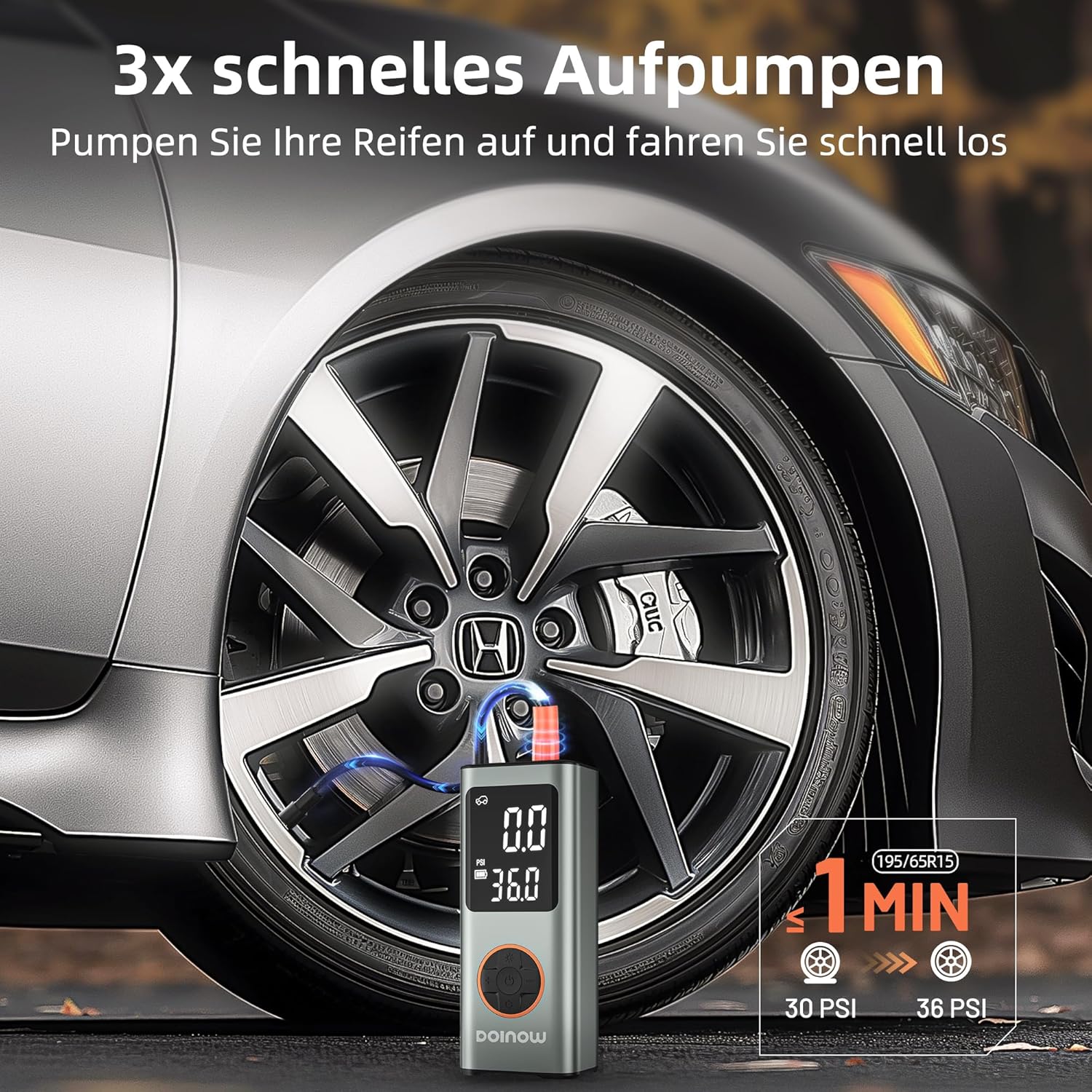 Detalle de DOINOW Kabellose Fahrradpumpe Elektrisch – 150 PSI, 4 voreingestellte Modi, LED-Licht, USB-C Powerbank