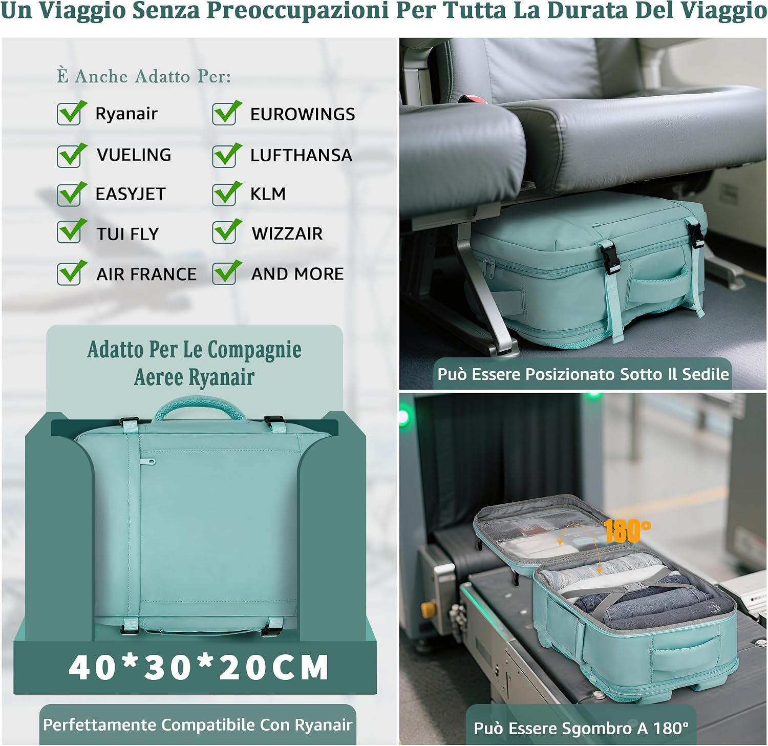 Detalle de VSNOON Zaino da Cabina Ryanair 40x30x20 cm – Zaino da Viaggio 25 L, compartimento laptop 14", Verde